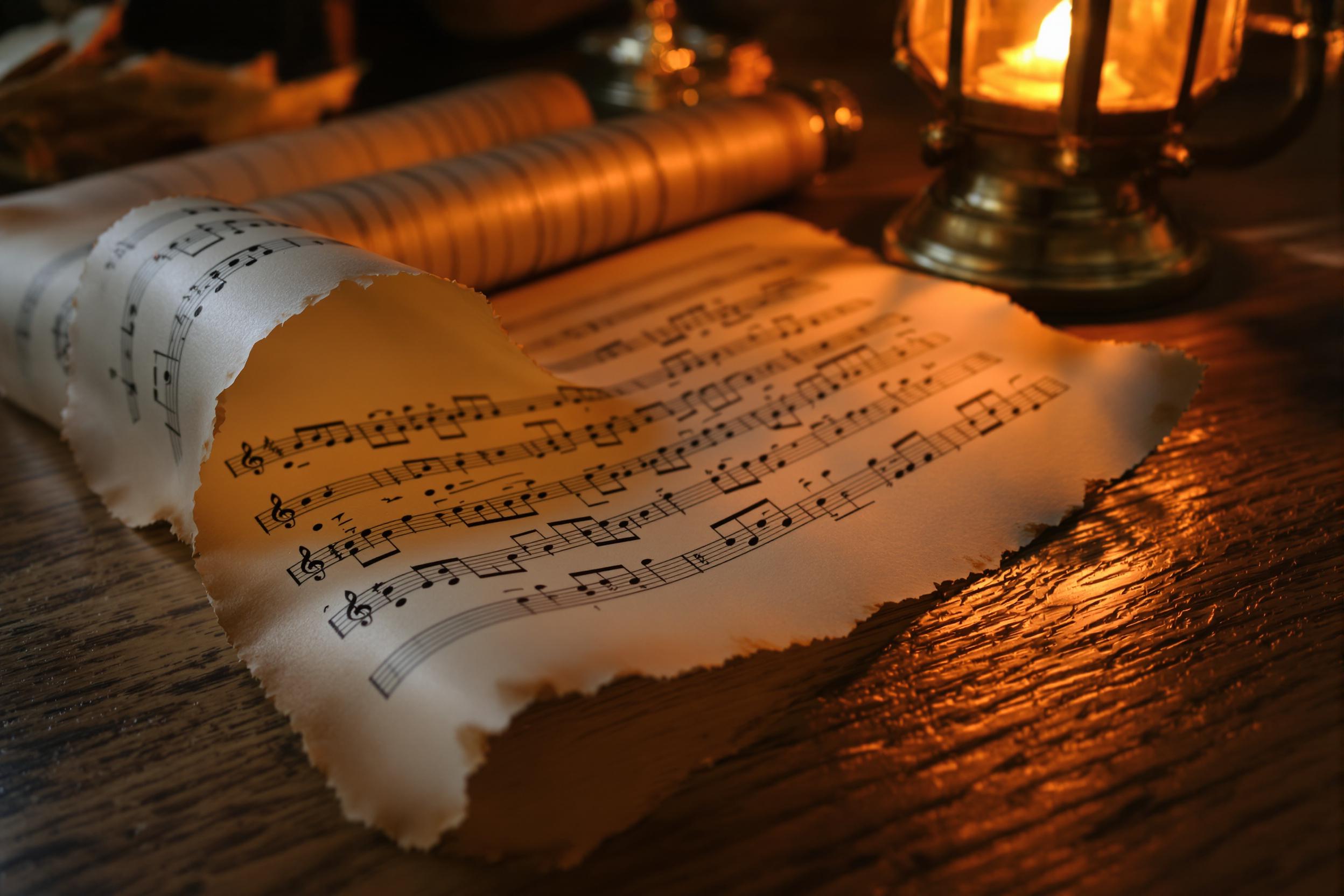 A close-up depiction of aged parchment sheet music adorned with gentle ink notes curling softly against a polished wood desk surface. The warm, flickering glow of a nearby wax lantern bathes the scene in an amber hue, elegantly juxtaposing rich textures to convey an inviting atmosphere steeped in timeless beauty.