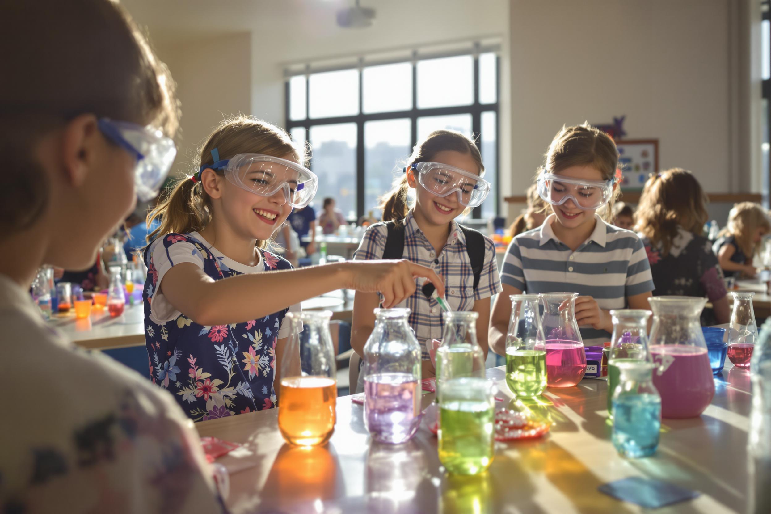 A lively classroom buzzes with excitement as children eagerly conduct a hands-on science experiment. Brightly colored beakers filled with liquids sit on lab tables, reflecting rays of natural light streaming through large windows. Children in safety goggles mix substances with curiosity, their joyful expressions hinting at the thrill of discovery.