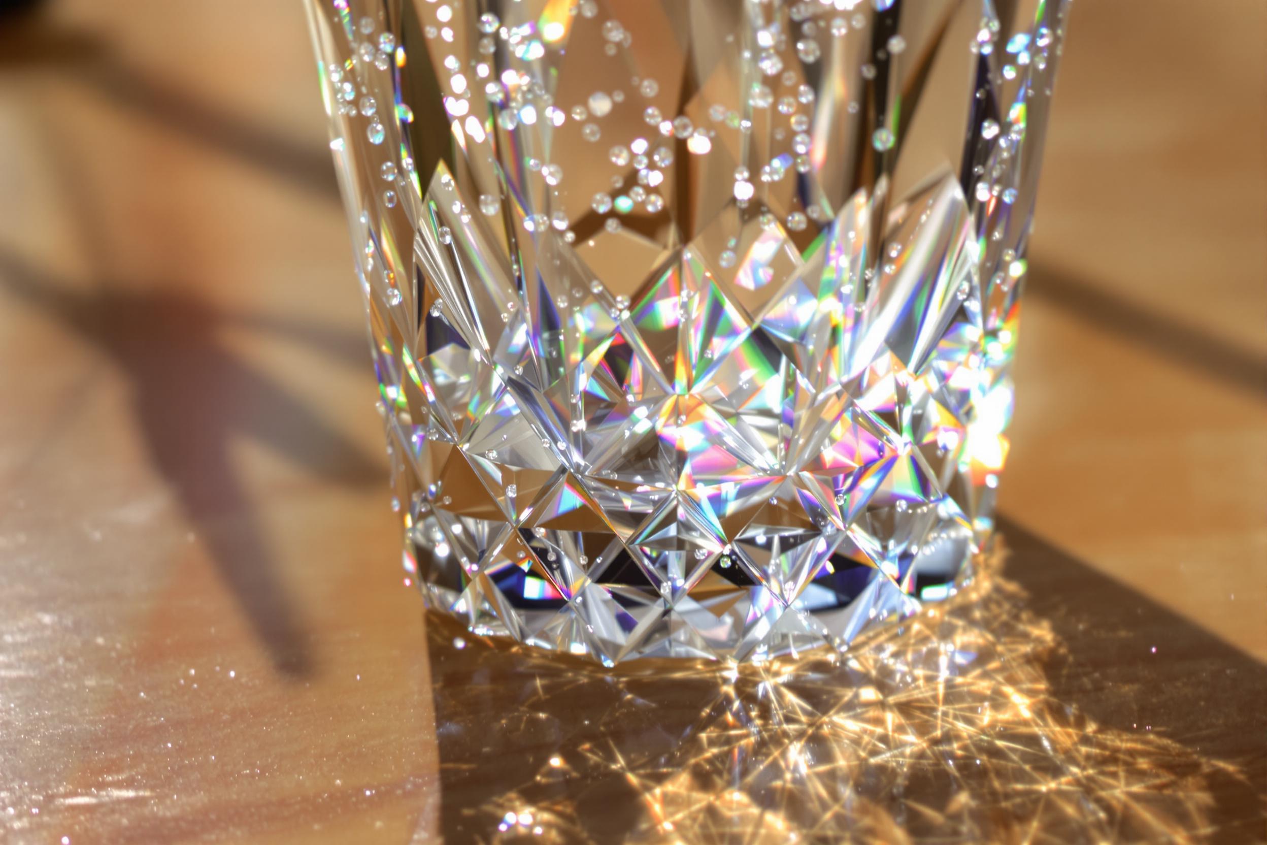 A stunning close-up captures a crystal glass shimmering under soft, diffused sunlight. Filled with clear water, the glass refracts light into delicate rainbows that dance across the smooth wooden tabletop. Intricate facets of the glass showcase captivating patterns as gentle droplets cling to its surface. The blurred background enhances the clarity and elegance of this inviting refreshment.