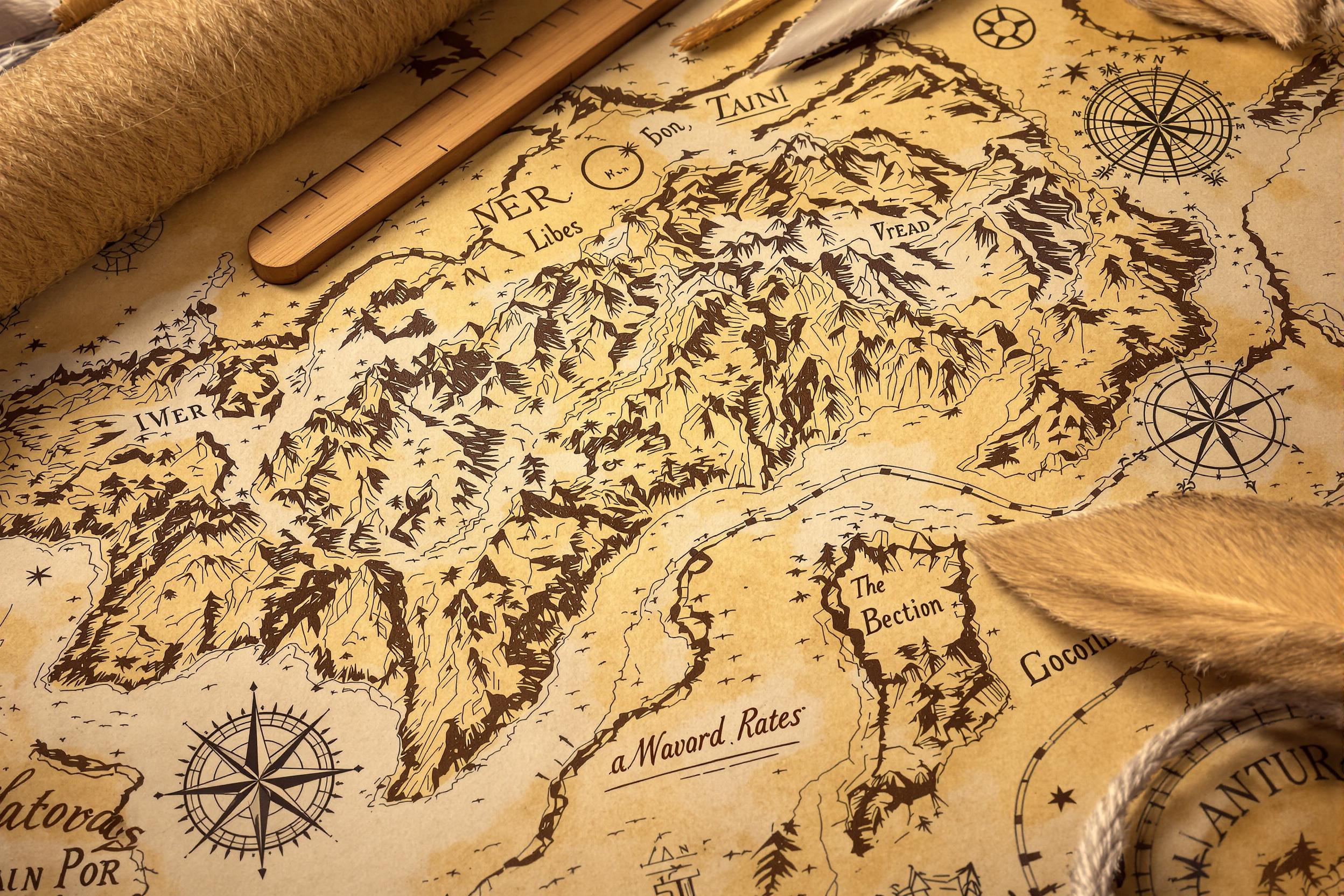 A close-up reveals an intricately hand-drawn map sketched on aging parchment paper. Fine inked details create mountains, rivers, and compass roses, radiating craftsmanship. Rustic wooden rulers, quills, and spools of twine scatter nearby, hinting at exploration. Soft, amber light accentuates paper textures and faint shadow gradients.