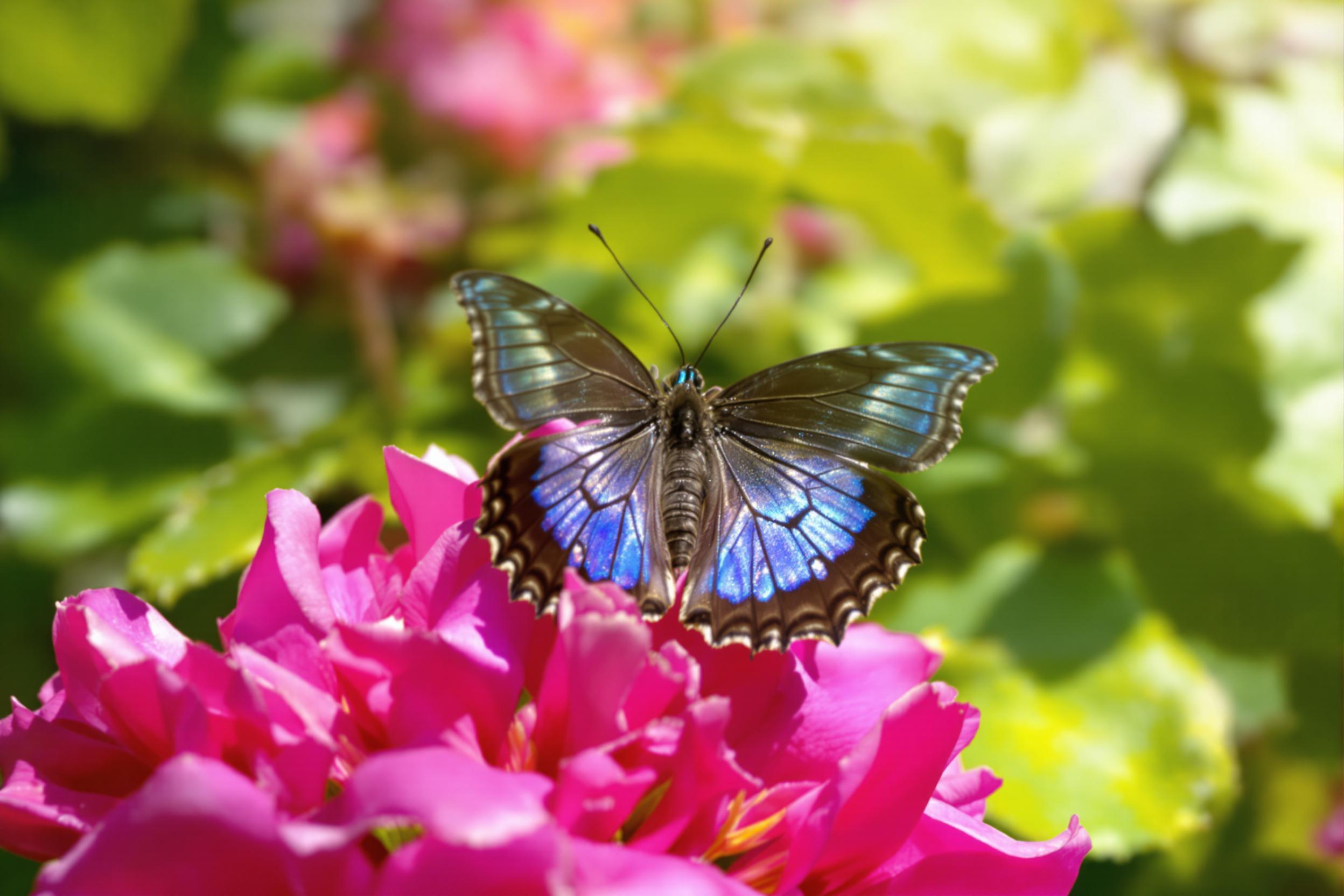 A close-up captures a delicate butterfly resting on a vibrant blossom. The butterfly's iridescent wings display intricate patterns of blue and black, contrasting against the rich pink petals below. Soft morning light filters through, illuminating the scene and enhancing texture. Blurred green foliage surrounds the flower, creating a gentle, tranquil backdrop.