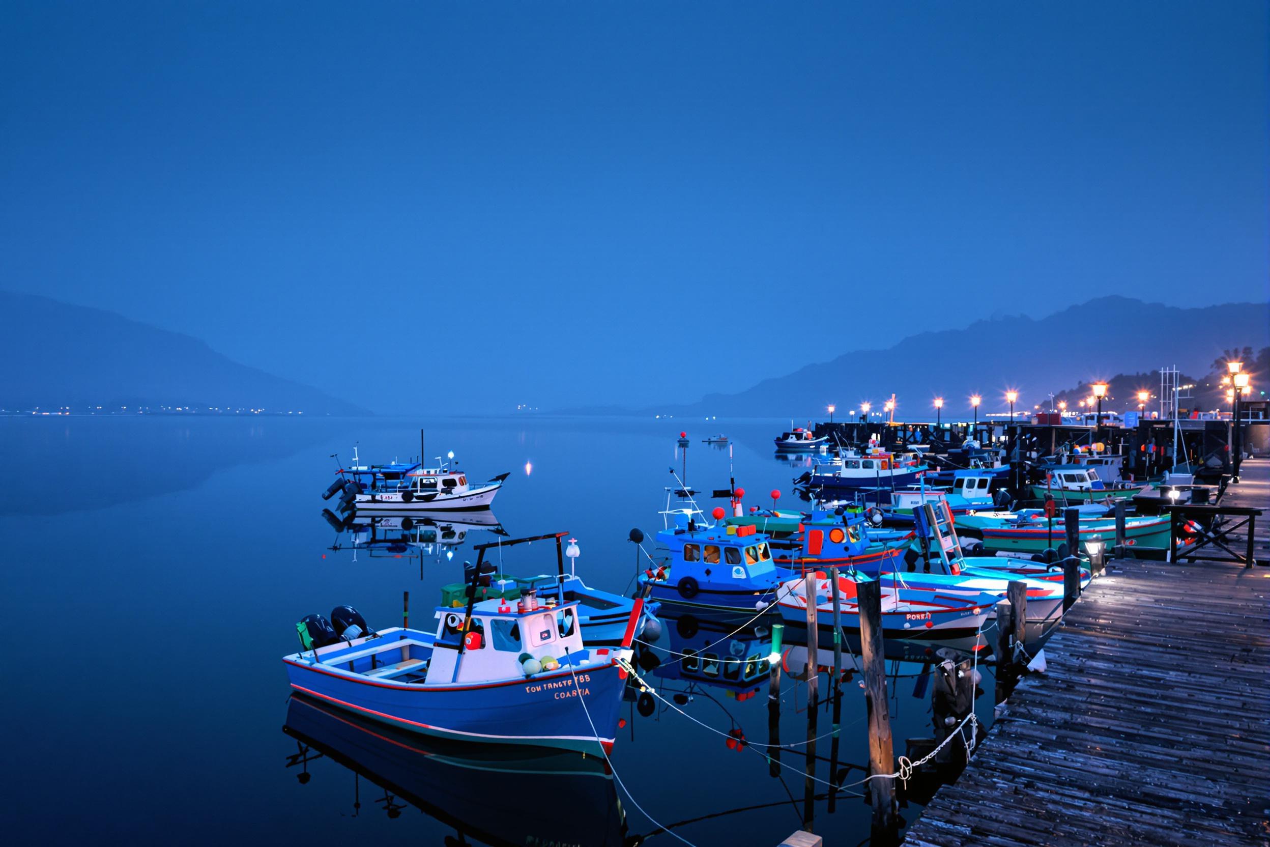 A serene coastal harbor seen during the blue hour before sunrise. Brightly painted fishing boats tethered along the pier reflect gently onto glassy water. Dimly lit lanterns cast soft glows over wooden docks, while a faint mist obscures the distant shoreline. Muted hues of blue dominate, adding to the tranquil atmosphere.