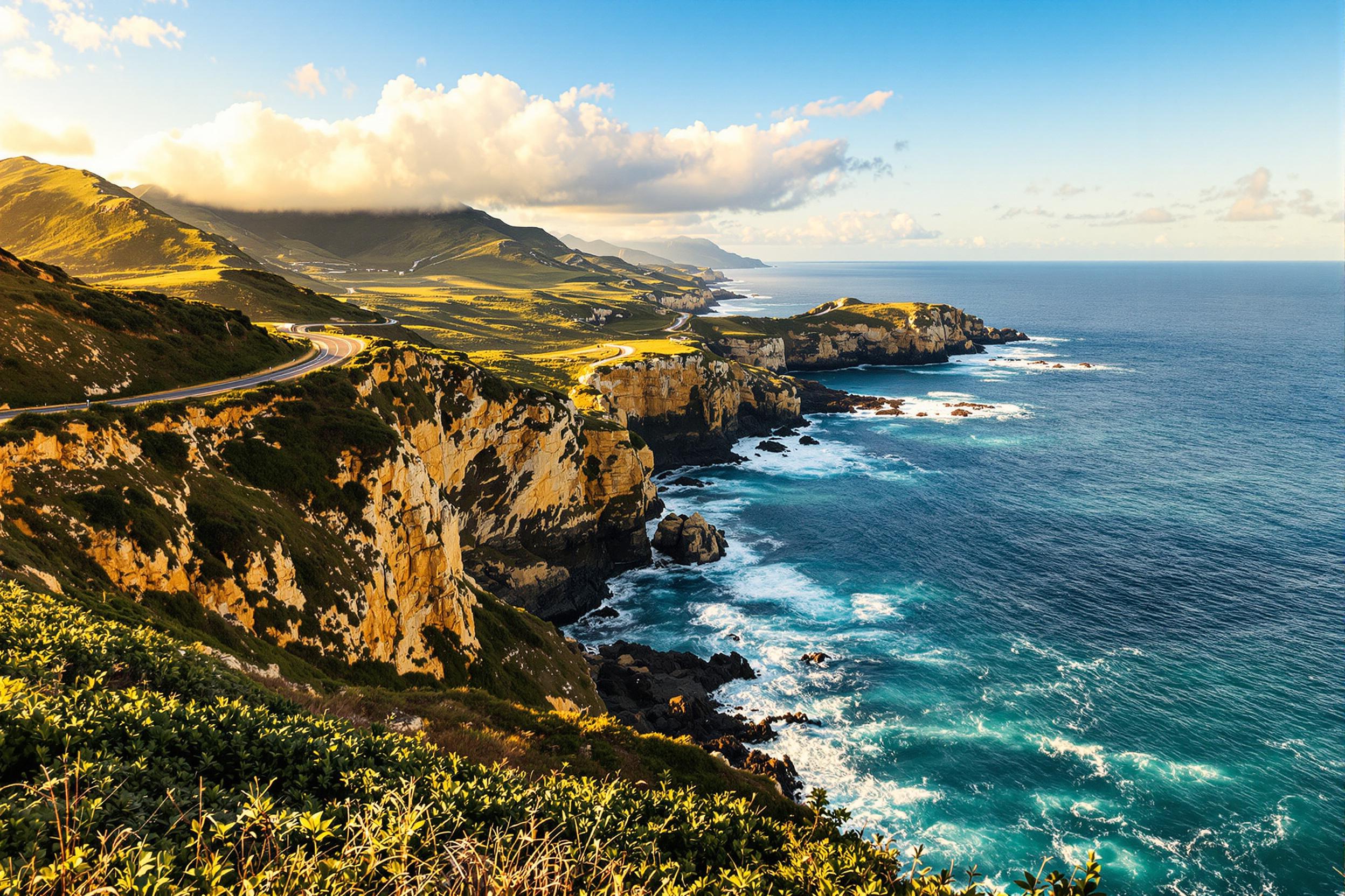 A breathtaking coastal scene reveals a winding road snaking along the edge of rugged cliffs, meeting the shimmering blue ocean below. Captured during the golden hour, the warm sunlight bathes the landscape in rich hues, highlighting the contrasting greens of lush vegetation against weathered rock formations. Waves crash rhythmically, their white foam adding texture to the view, while fluffy clouds drift across the clear sky overhead.