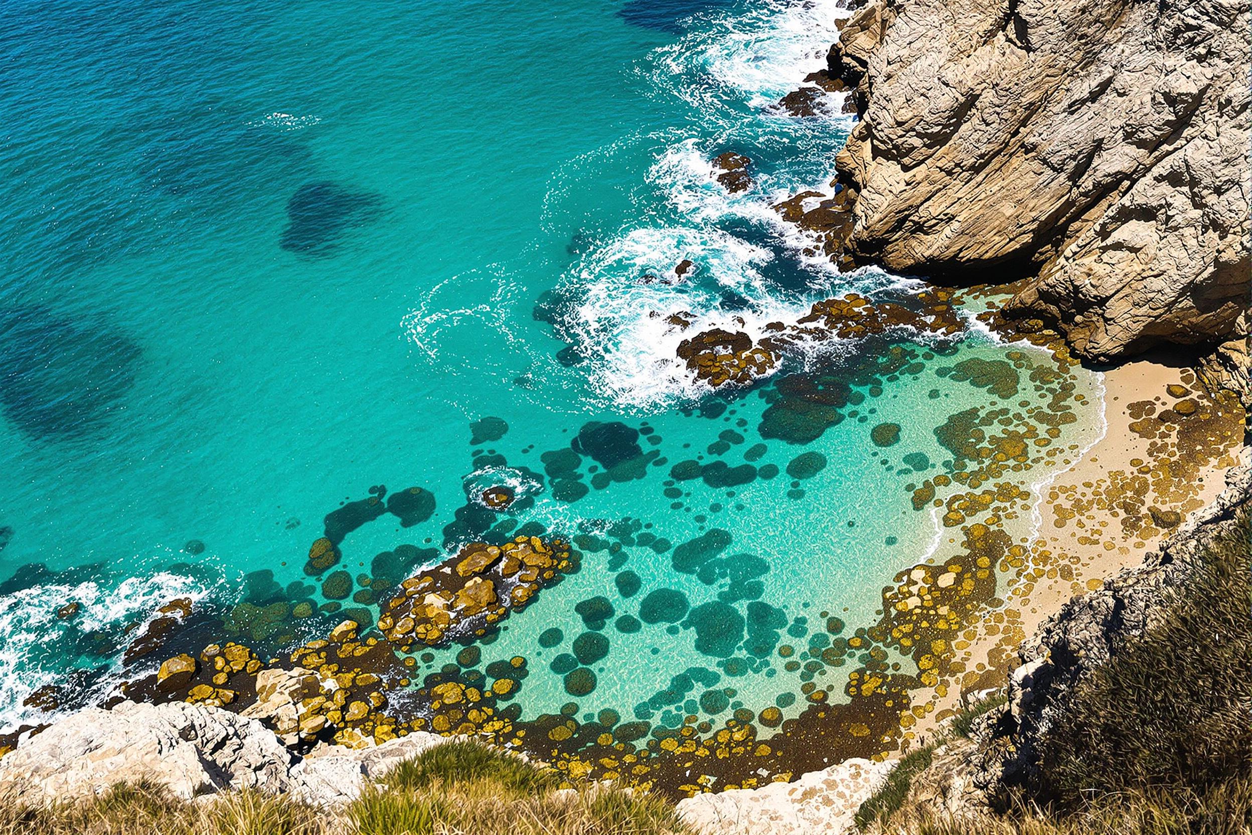 Turquoise waters crash gently against rugged coastal cliffs under the bright midday sun. An overhead view highlights intricate rock textures and tidal patterns below, framed by grassy edges. Vivid blues transition smoothly into sandy shallows, creating a dramatic yet serene seascape.