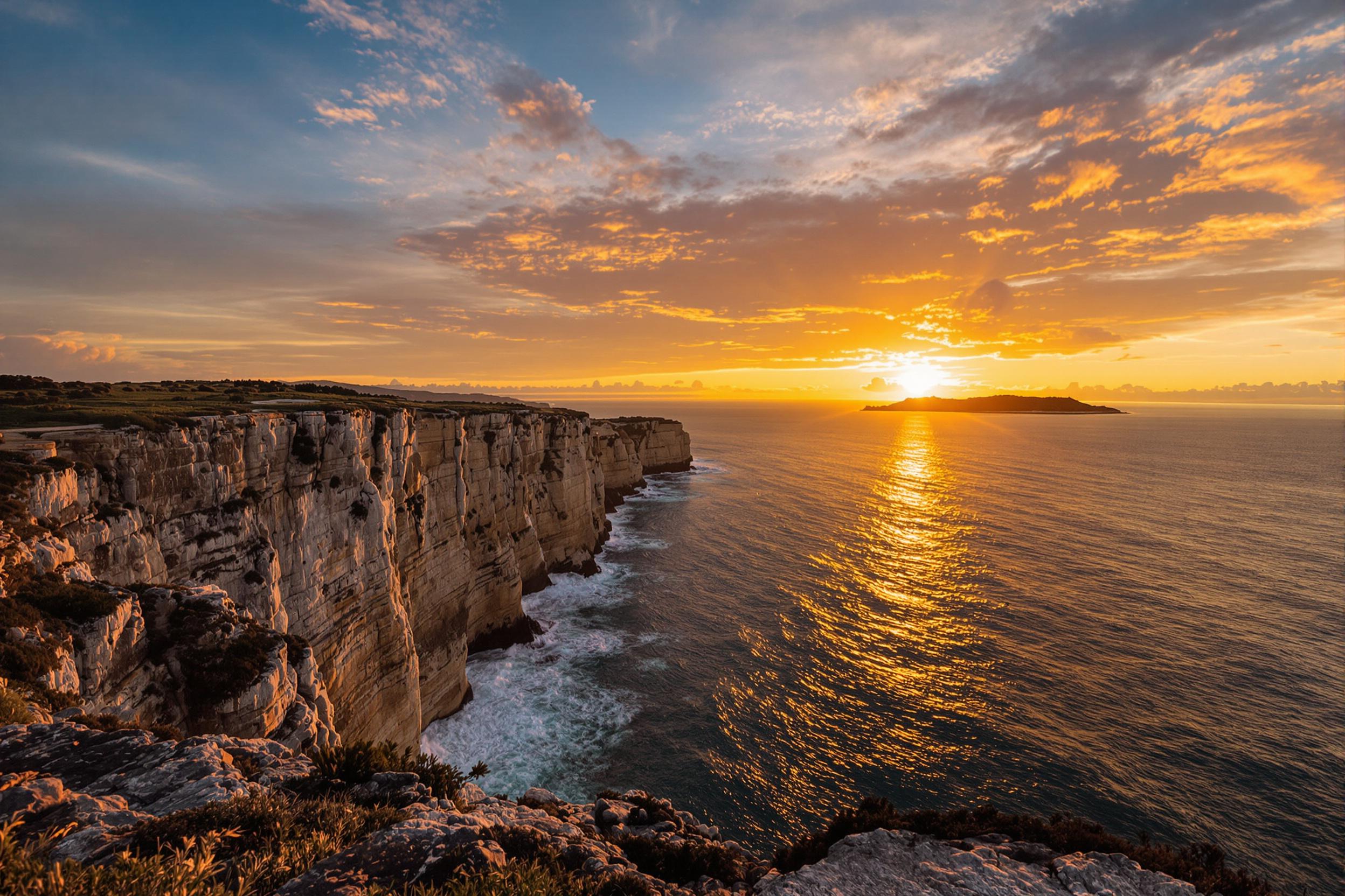 A majestic coastal viewpoint reveals a rugged cliff edge basking in the warm glow of sunset. The sun casts golden rays across the sky, painted with hues of orange, pink, and purple. Below, waves crash against the rocks, sending up frothy sprays. Wispy clouds add texture, while distant islands silhouette against the vivid horizon, creating a breathtaking panorama.