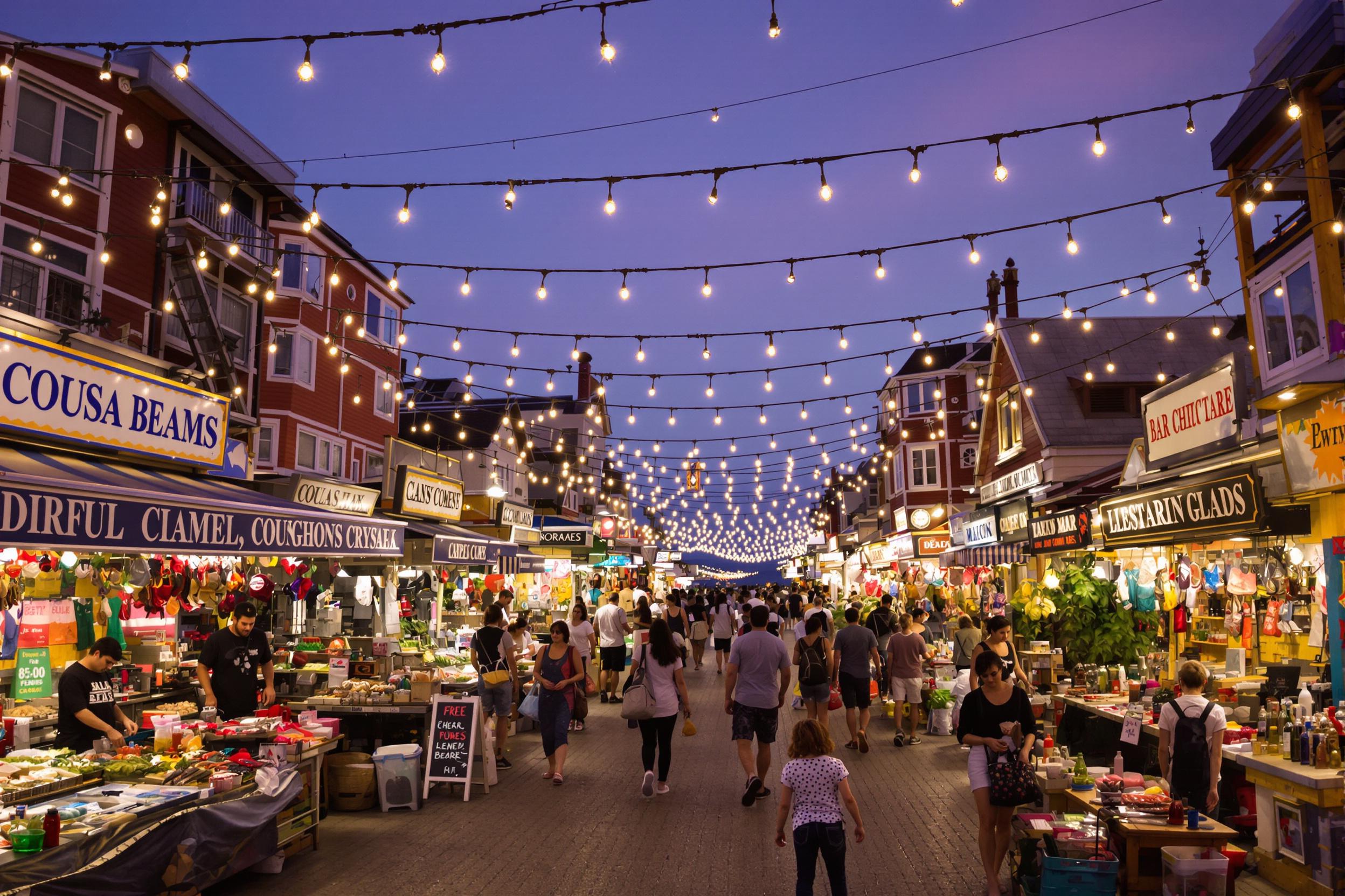 A vibrant coastal marketplace buzzes with activity under the warm glow of twilight. Colorful stalls showcase fresh seafood and artisanal goods, surrounded by customers engaging with vendors. Strings of twinkling lights overhead accentuate the lively atmosphere, while the distant ocean waves create a soothing background sound.