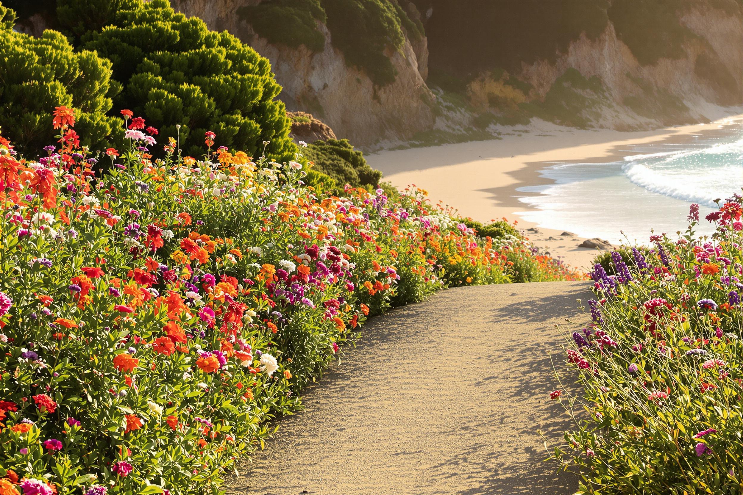 A picturesque coastal path winds gently along the shore, adorned with vibrant wildflowers swaying in the breeze. The late afternoon sun casts a warm glow over the scene, illuminating the petals’ rich hues. In the background, waves lap softly against the sandy beach, creating a tranquil atmosphere. This idyllic setting captures the essence of nature's beauty by the sea.