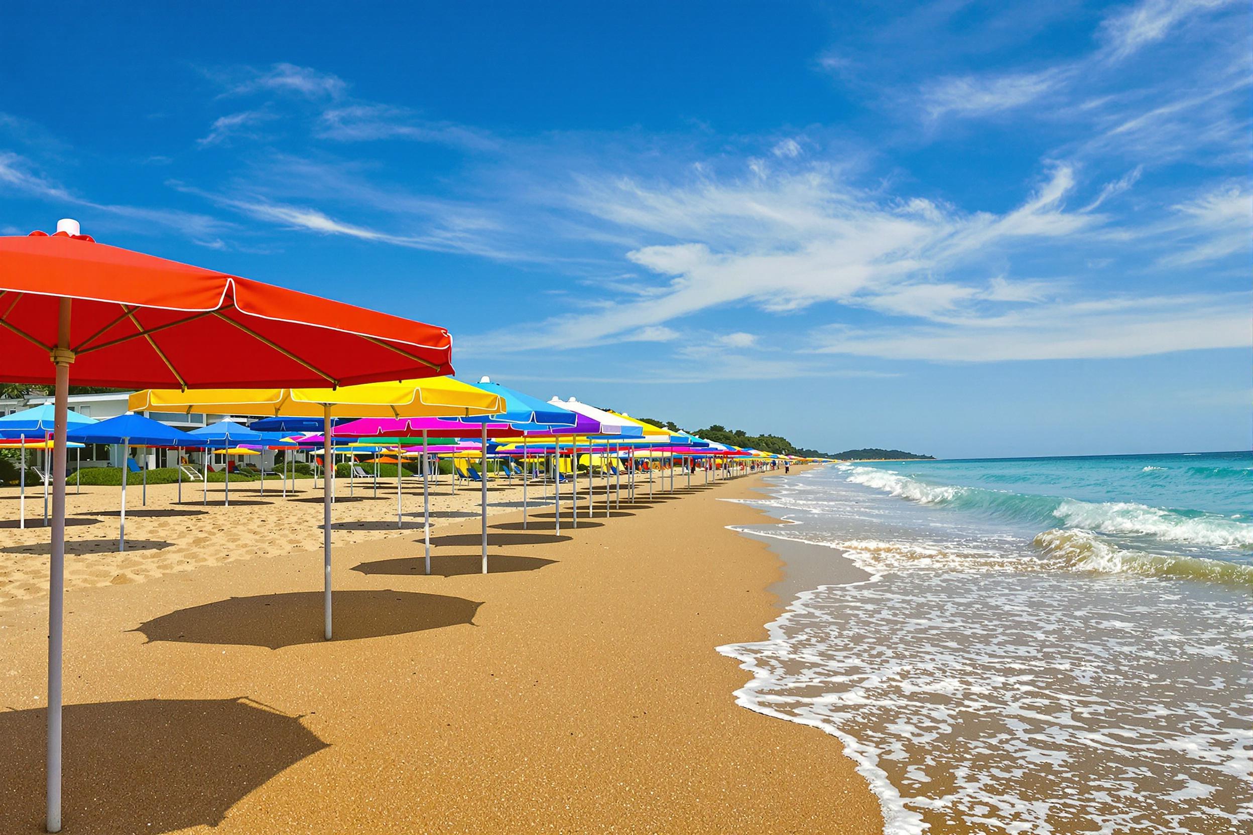 A tranquil coastal scene showcases a line of colorful beach umbrellas swaying gently in the breeze. The sandy shoreline glistens under the warm afternoon sun, while gentle waves lap at the water’s edge. Brightly colored fabrics, ranging from bold reds to soft blues, contrast beautifully against the golden sand and deep turquoise sea. Wispy clouds float lazily in the clear sky, completing this idyllic summer getaway.