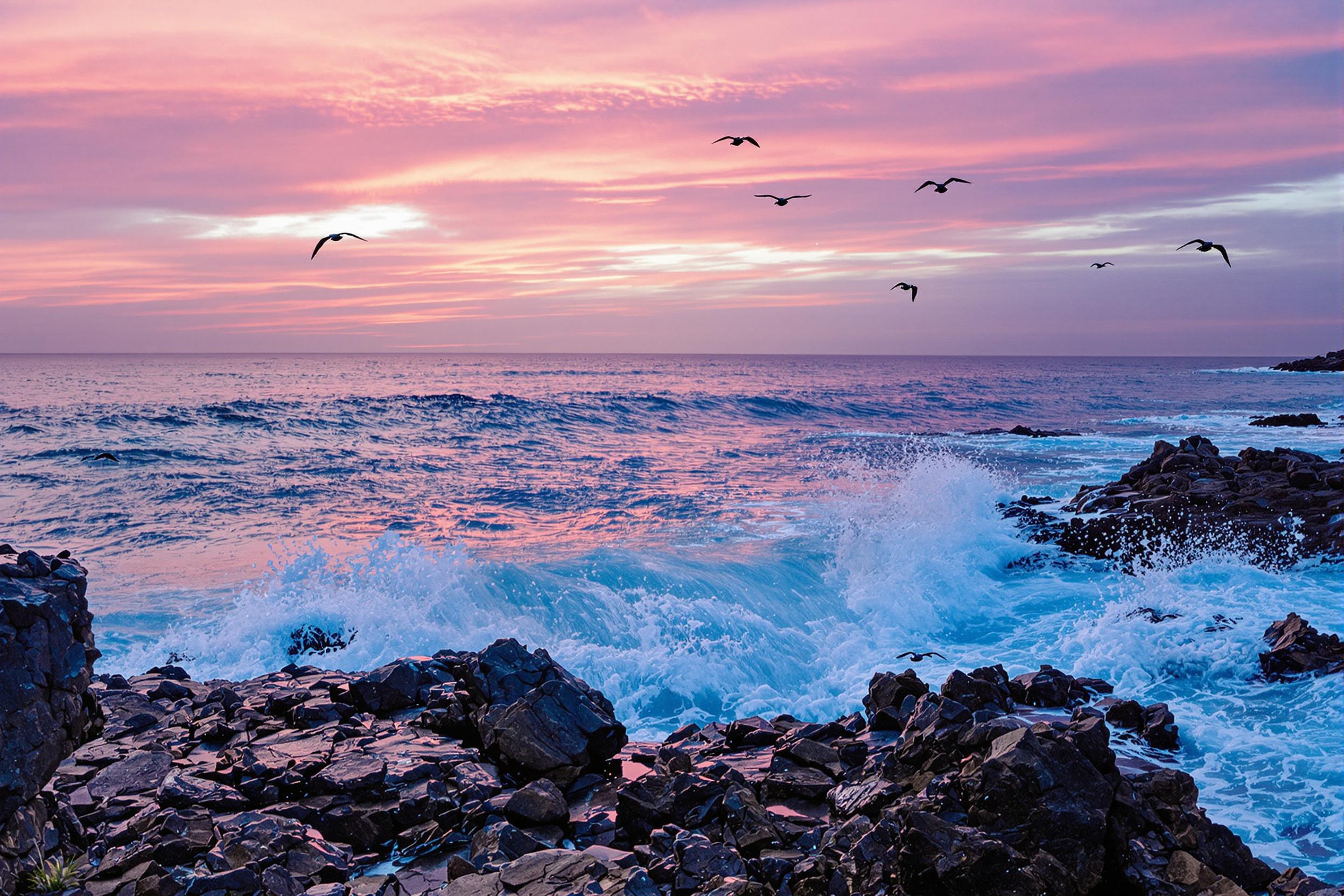 The rugged coastline awakens under a tranquil dawn sky as the sun begins to rise. Pink and orange tones streak across the horizon, reflecting on the churning waves that crash against jagged rocks. Silhouettes of seabirds glide gracefully above the water, adding movement to the serene scene. The combination of vivid colors and textures creates a peaceful yet invigorating atmosphere.