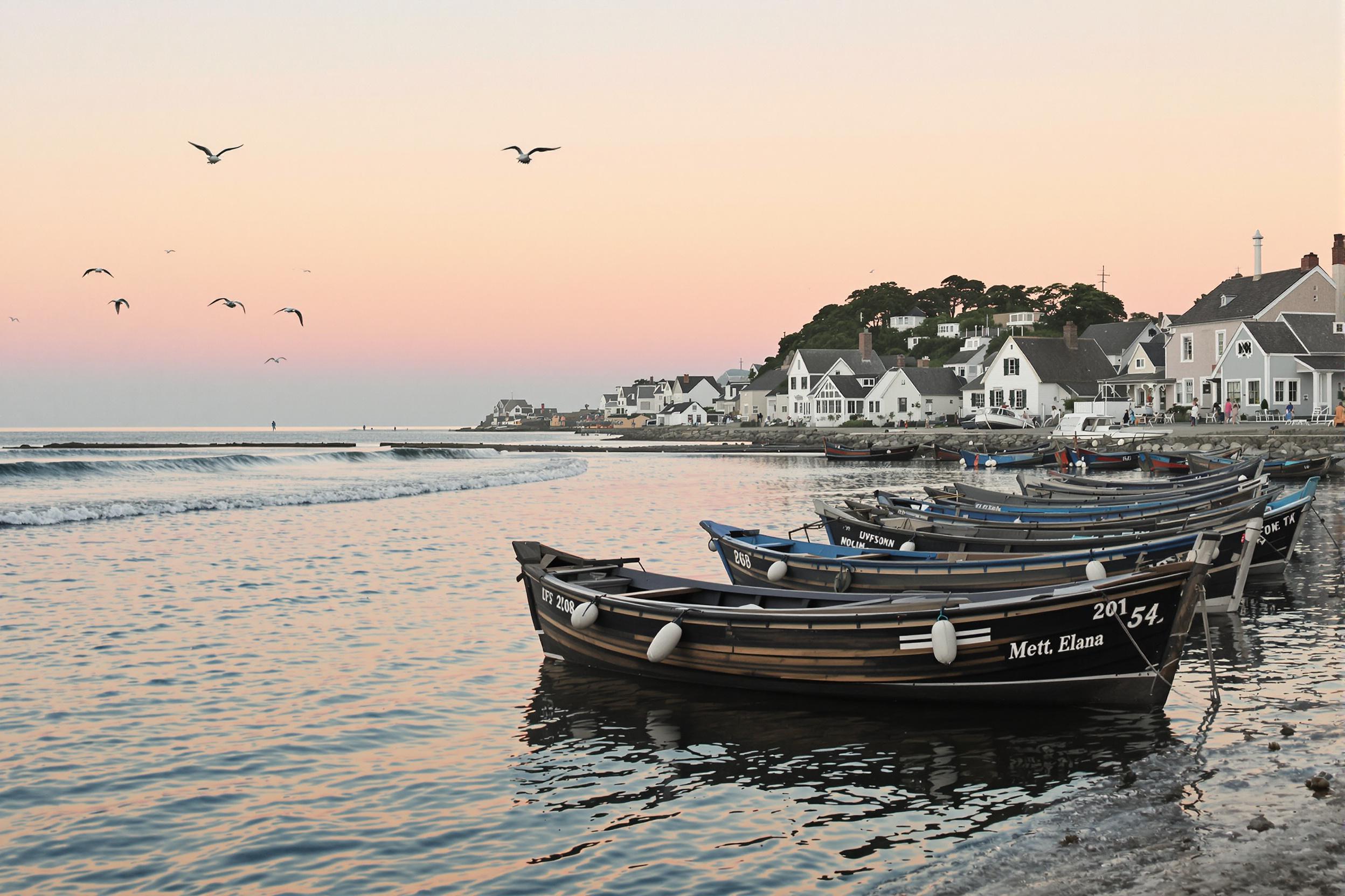 A peaceful coastal village awakens as dawn breaks over calm waters. Wooden fishing boats gently sway with soft waves, their reflections shimmering against the pale pink and orange sky. Charming houses line the shore, painted in pastels, while seagulls glide overhead. The tranquil scene invites a sense of serenity and new beginnings.