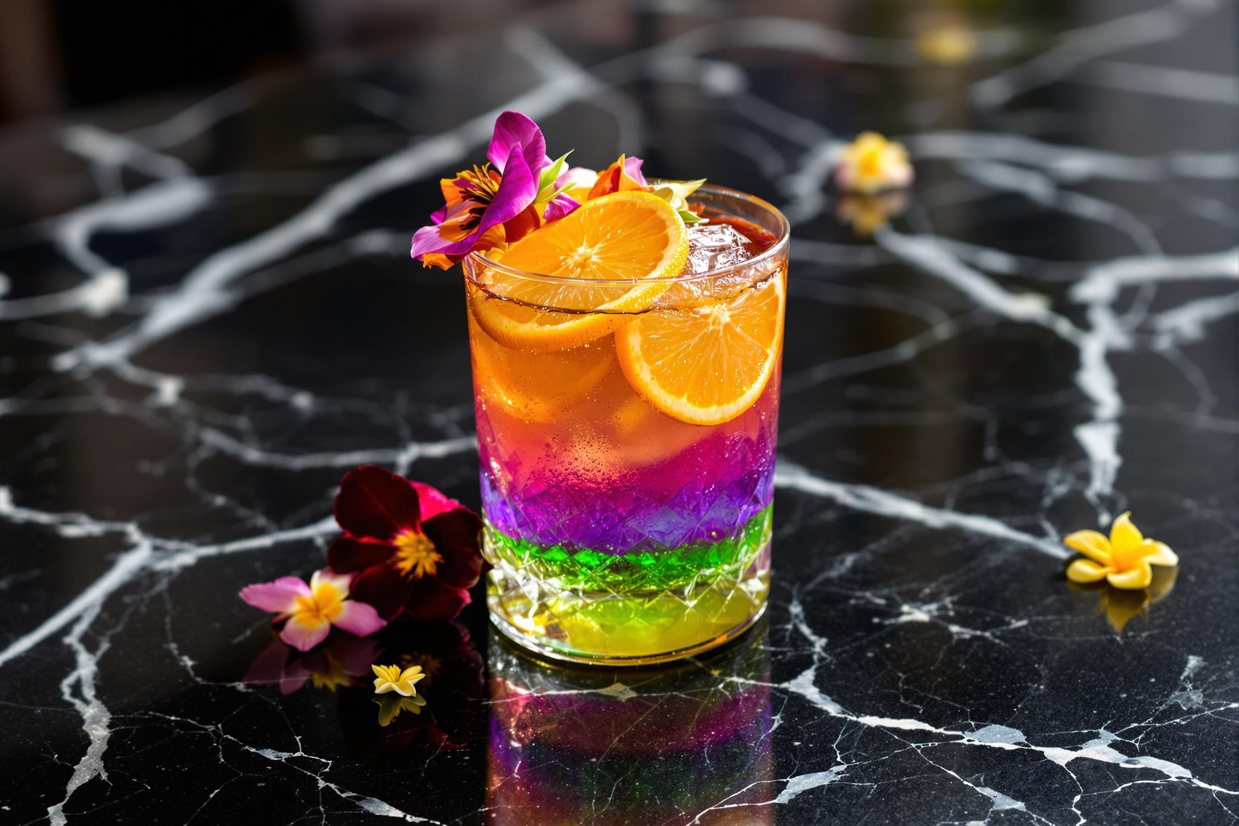 A sophisticated cocktail garnished with citrus slices and an array of colorful edible flowers resting on a sleek, dark marble countertop. The drink displays layers of vibrant colors—sunset orange, deep violet, and refreshing green—which create an eye-catching aesthetic. Soft, diffused lighting illuminates the glass, highlighting the condensation along the sides, while reflections on the polished surface add depth to the composition. This image captures the artistry in mixology and the allure of luxury beverages.