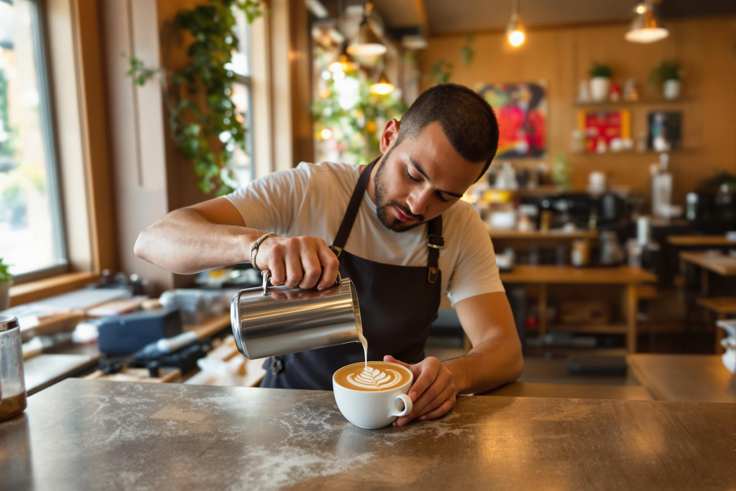 A skilled barista leans over a polished countertop in a cozy café, meticulously crafting a latte. Their hands expertly pour steamed milk into rich espresso, forming an intricate leaf pattern atop the frothy surface. Warm sunlight filters through expansive windows, illuminating the wood tones and vibrant decor around them, capturing the artistry woven into each cup of coffee.