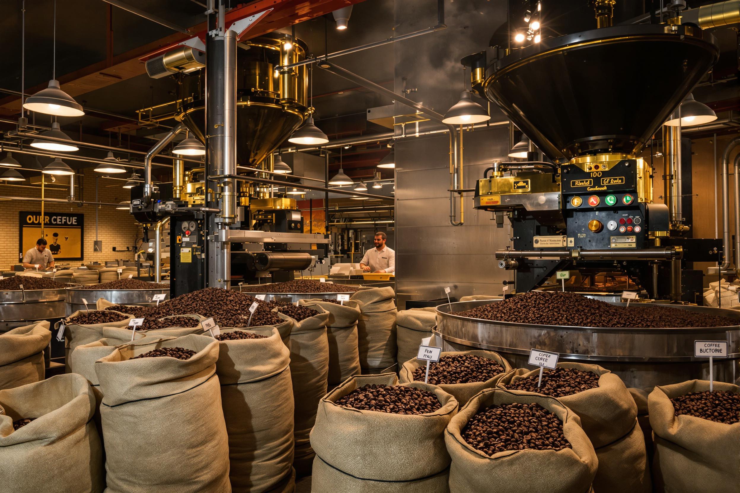 Inside a bustling coffee roastery, large machines dominate the scene, surrounded by burlap sacks of aromatic coffee beans. The warm glow of overhead lights complements the rich browns and ambers of roasted coffee. Staff members carefully monitor the roasting process, ensuring the perfect brew. The air is infused with the enticing scent of freshly ground coffee, enhancing the sensory experience.