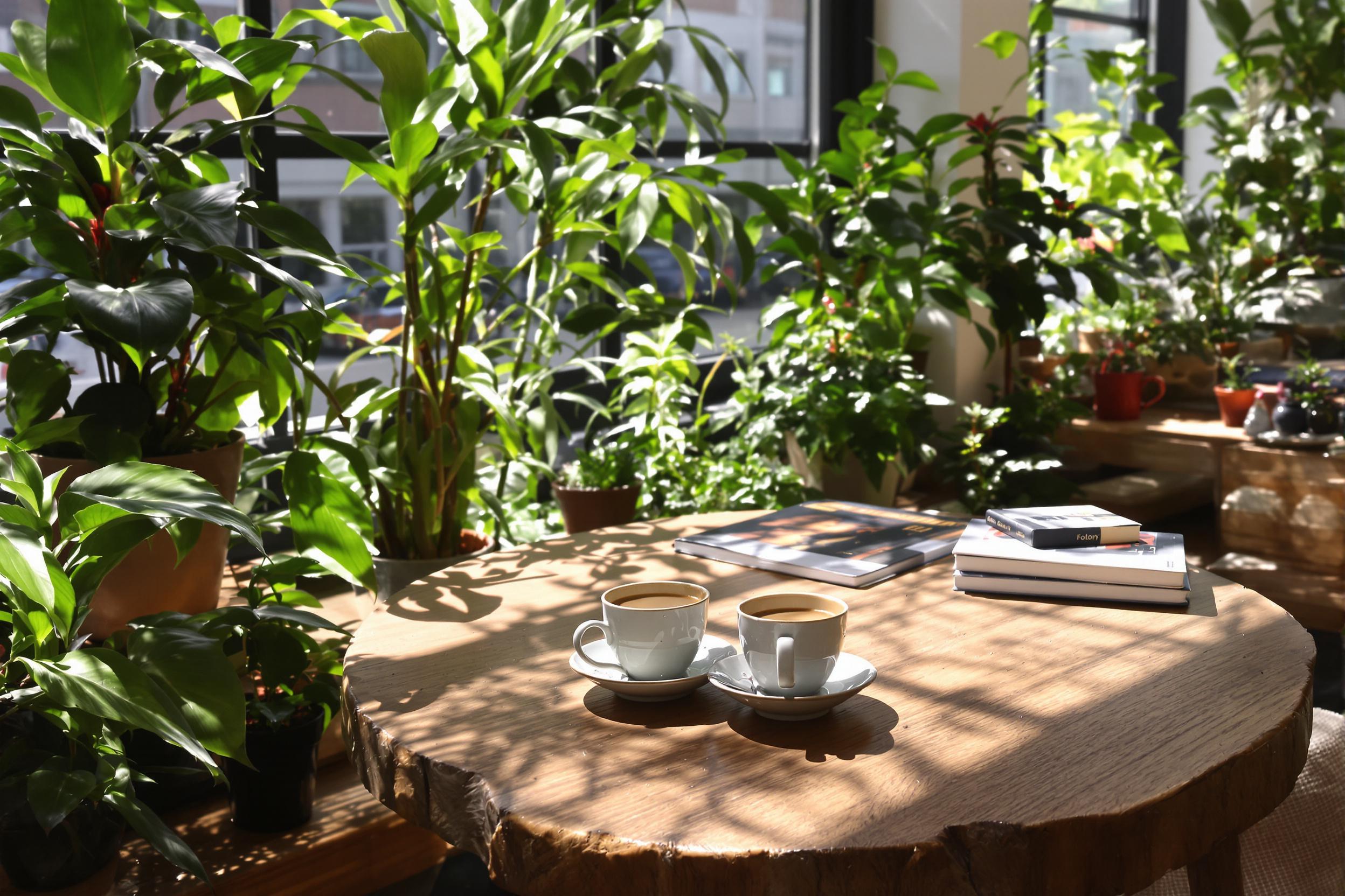 A cozy coffee shop setting features rustic wooden tables surrounded by abundant greenery. Sunlight streams through large windows, casting gentle shadows across potted plants. Paired ceramic coffee cups sit invitingly on the tables, alongside scattered books and tiny succulents, enhancing the comforting aura of this tranquil escape.