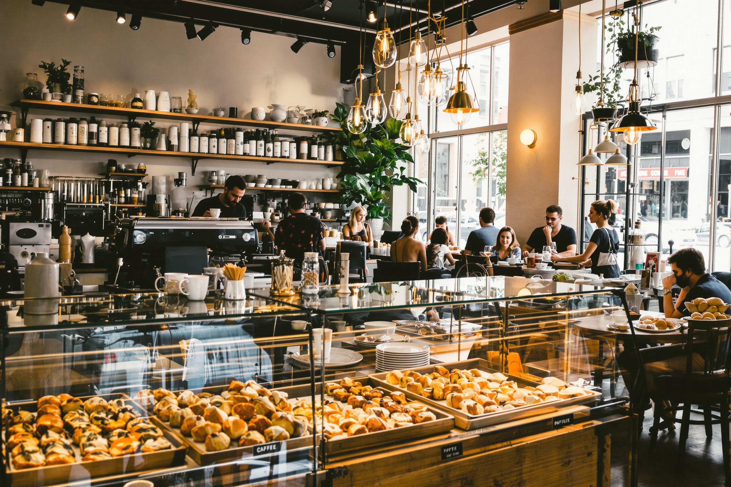 In a cozy coffee shop filled with the aroma of freshly brewed coffee, baristas skillfully prepare drinks behind the espresso machine. Customers chat in relaxed seating areas bathed in soft, warm light filtering through large windows. Artisanal pastries are displayed prominently, adding to the inviting atmosphere.