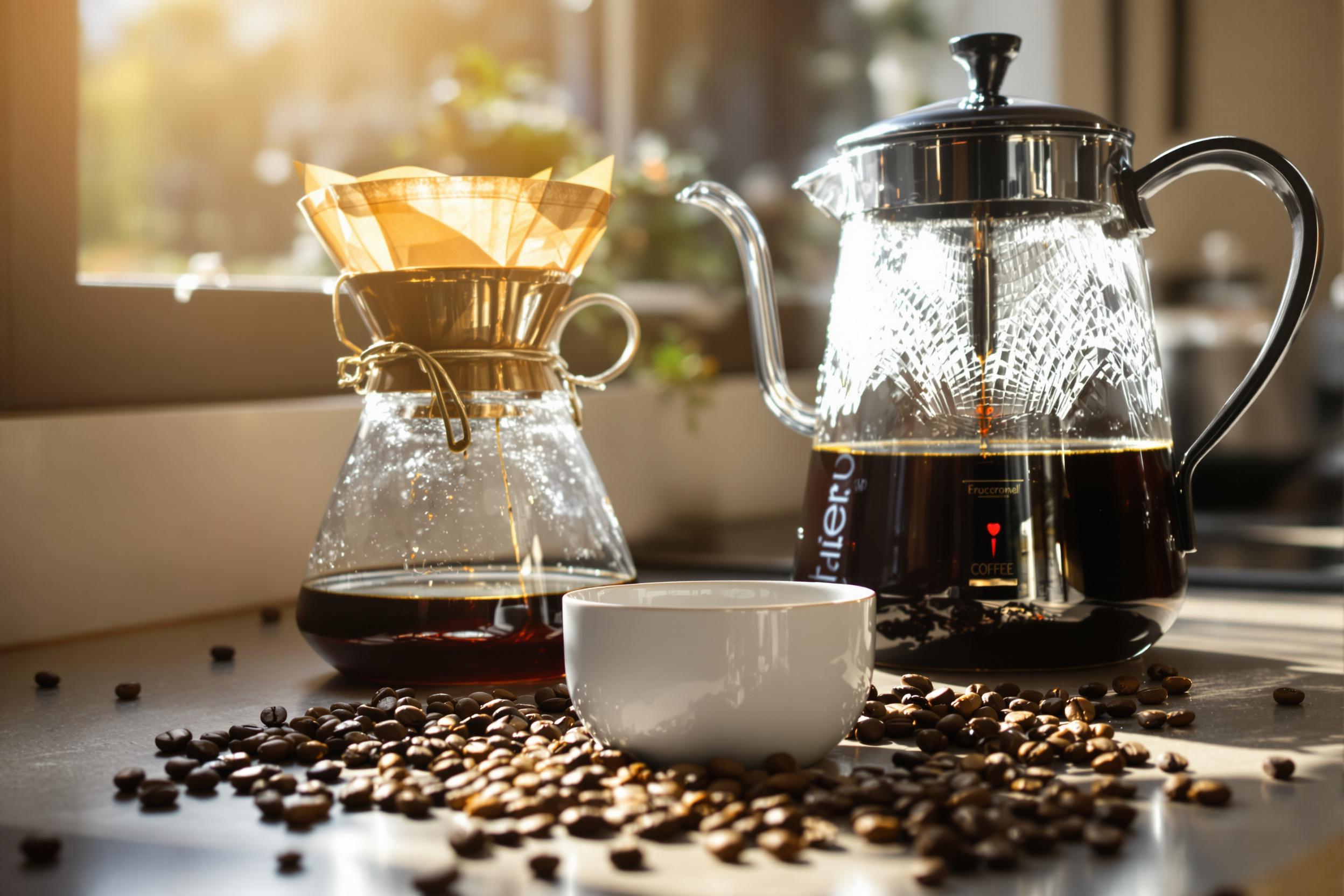 An elegantly arranged coffee pour-over setup takes center stage on a sunlit kitchen counter. A sleek glass carafe sits beside a gleaming stainless steel kettle, both catching the warm morning light. Luxurious dark coffee drips into a circular white porcelain cup, while scattered roasted beans create depth in the foreground. Soft shadows add dimension, enhancing the inviting ambiance.