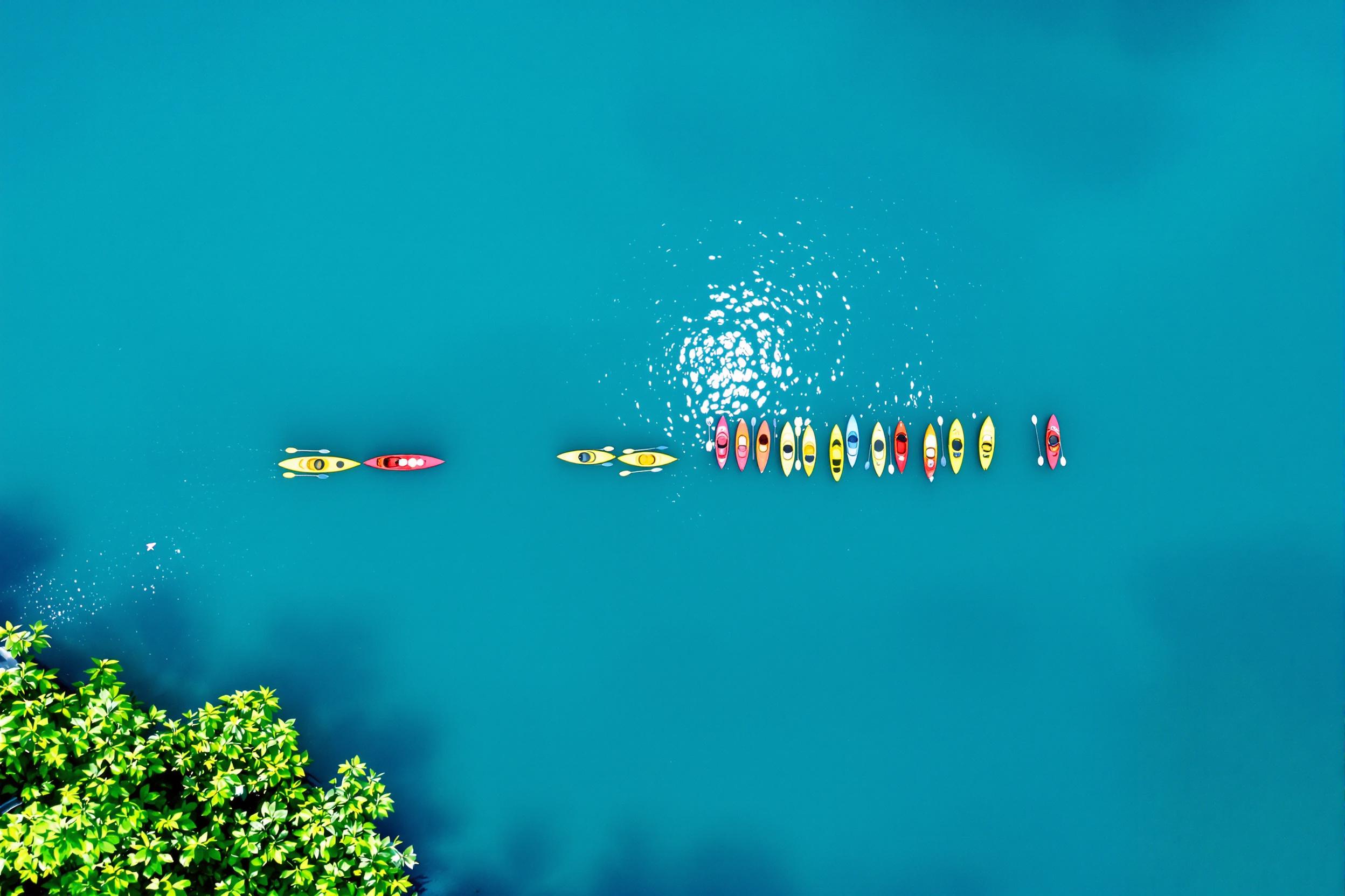 A vivid aerial view captures colorful kayaks lined up on a sparkling blue lake. Bright red, yellow, and green kayaks contrast brilliantly against the smooth water's surface reflecting the clear sky. Surrounded by lush greenery, the scene embodies summer fun and adventure, inviting viewers to imagine leisurely afternoons spent on the water.