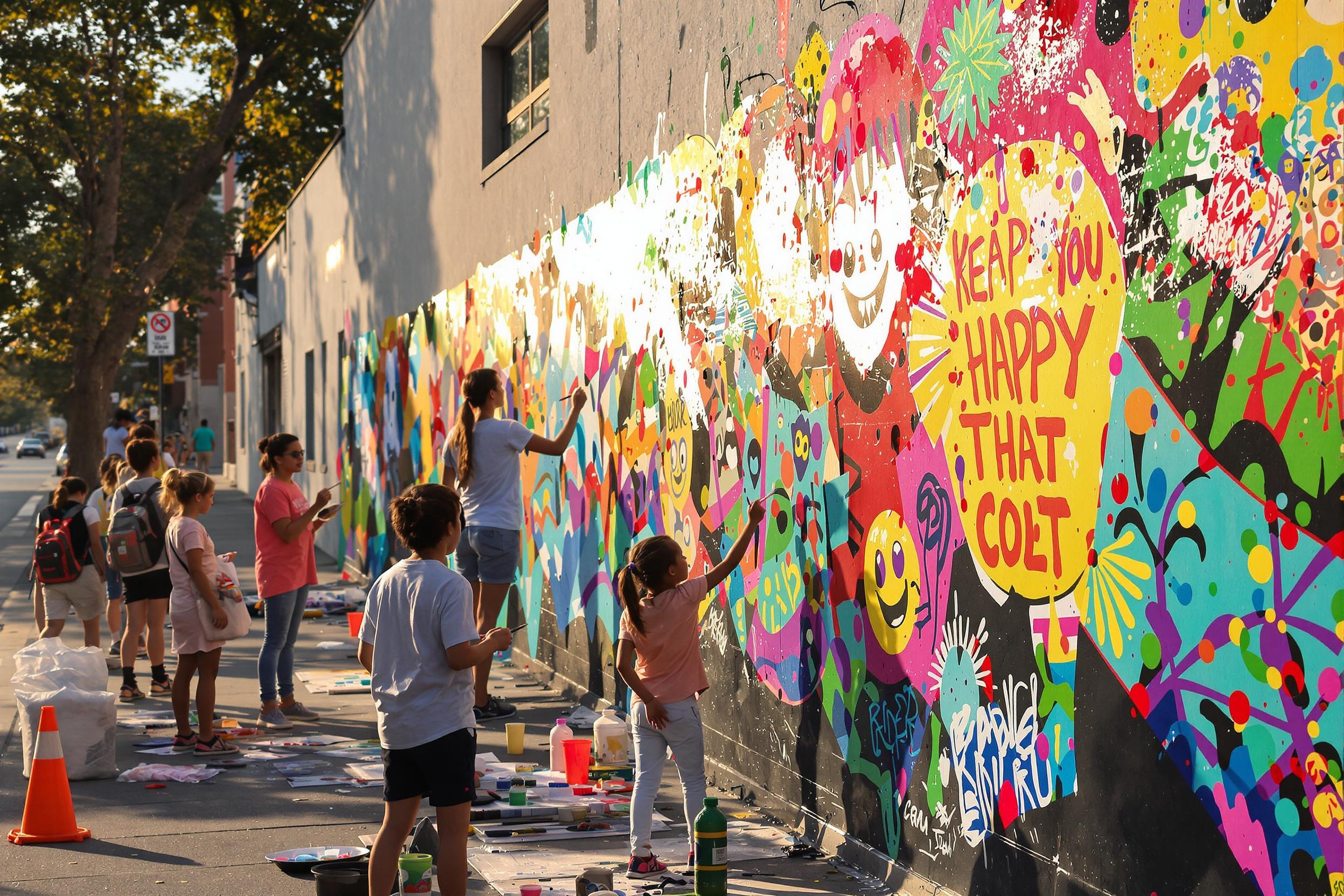 A lively community art project unfolds as children eagerly paint a large mural on an urban wall. The late afternoon sun casts a warm glow, highlighting their focused expressions and colorful paint splatters. Friends collaborate on different sections, surrounded by brushes, palettes, and cheerful artwork that celebrates diversity and creativity.