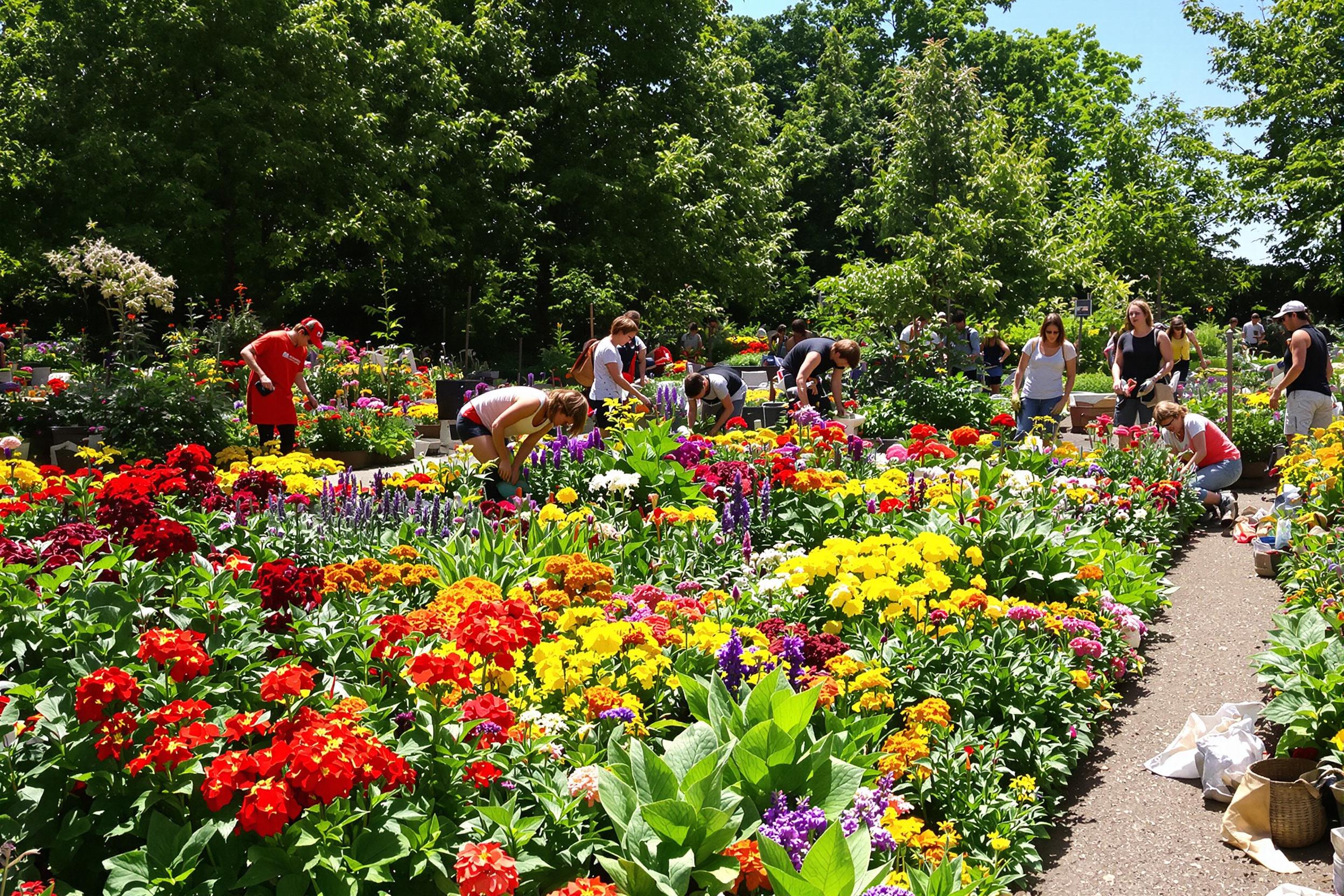 A vibrant community garden flourishes under bright afternoon sunlight, filled with volunteers tending to an array of colorful flowers, vegetables, and herbs. Lush green leaves contrast against splashes of reds, yellows, and purples from blooming plants. People work together, planting, watering, and harvesting, creating a sense of camaraderie. Gardening tools lie scattered nearby, emphasizing the collaborative spirit.