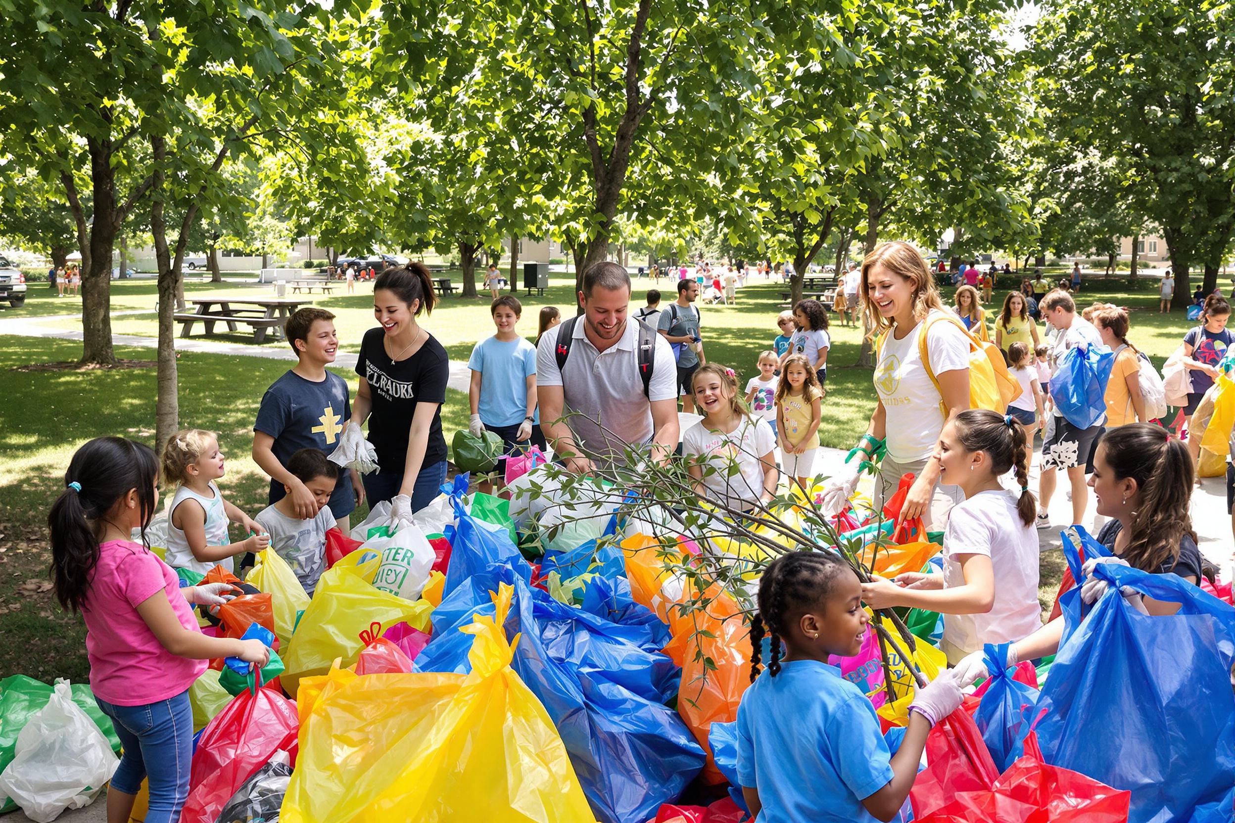 A lively community clean-up event unfolds in a sunny urban park. Families of all ages collaborate, enthusiastically picking up litter and collecting it into brightly colored bags. Children laugh as they gather stray branches, while parents share smiles and words of encouragement. The background displays lush green trees and picnic spaces, enhancing the inviting atmosphere.