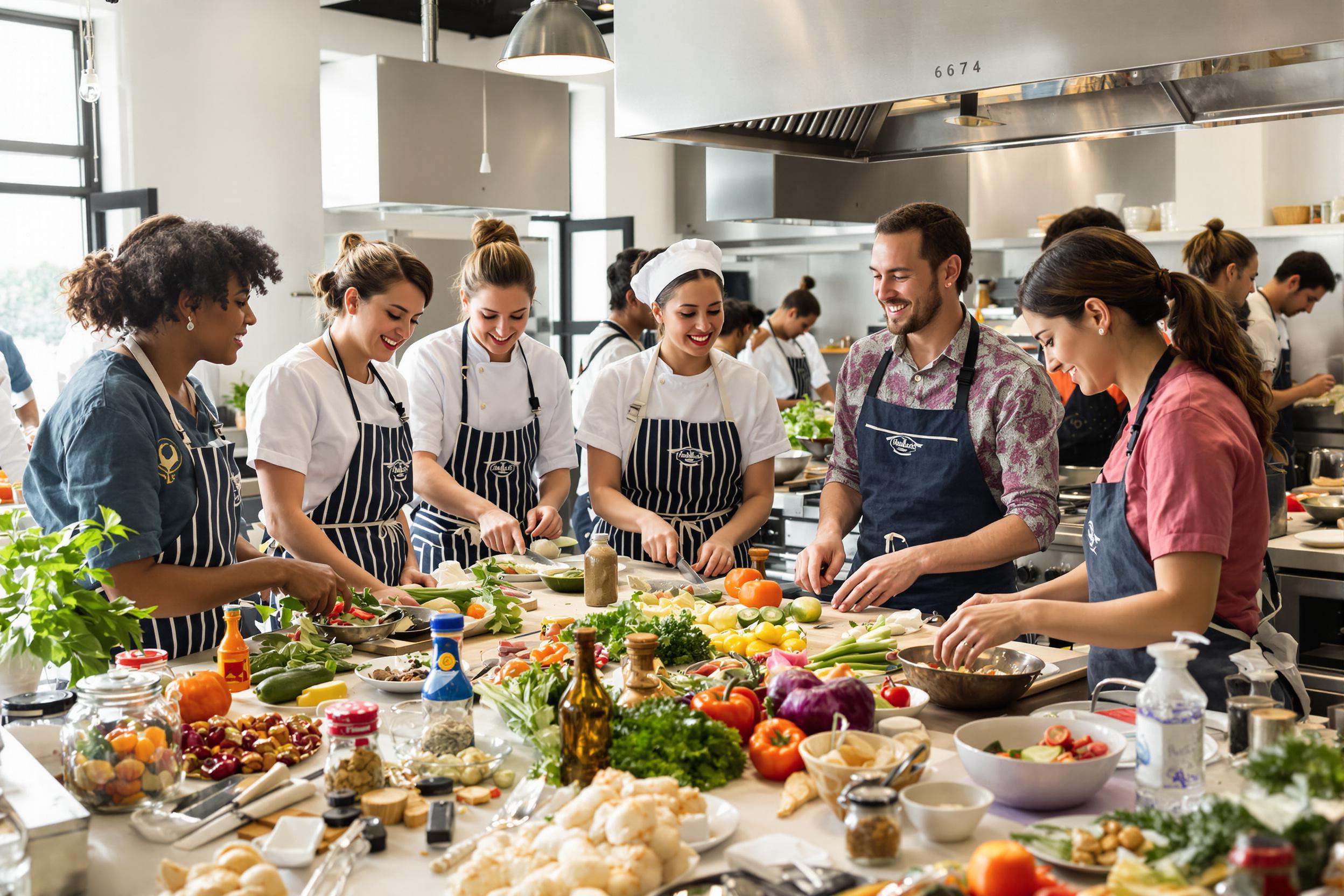 In a bustling culinary school, participants eagerly chop vegetables and mix spices during a vibrant cooking class. Bright natural light floods the modern kitchen, highlighting an array of colorful ingredients spread across the island. Lively discussion fills the air as diverse groups share techniques and laughter, embodying a sense of community and creativity.