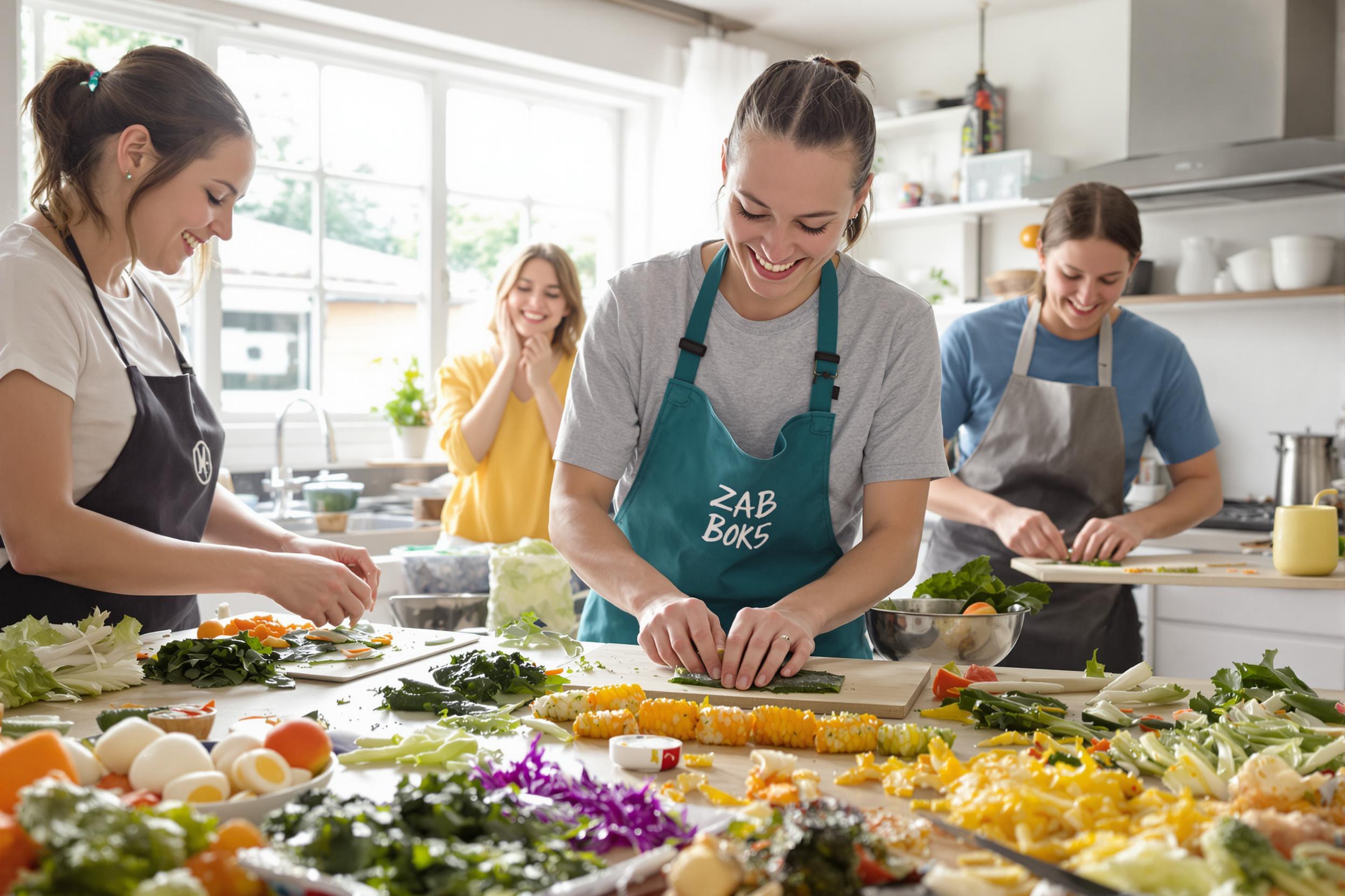 In a bright kitchen, participants dive into a sushi-making class, skillfully rolling rice and fresh vegetables in vibrant seaweed sheets. Natural light floods the room, highlighting the colorful ingredients scattered across the countertop. Laughter and chatter fill the air as everyone enjoys the creative process together.