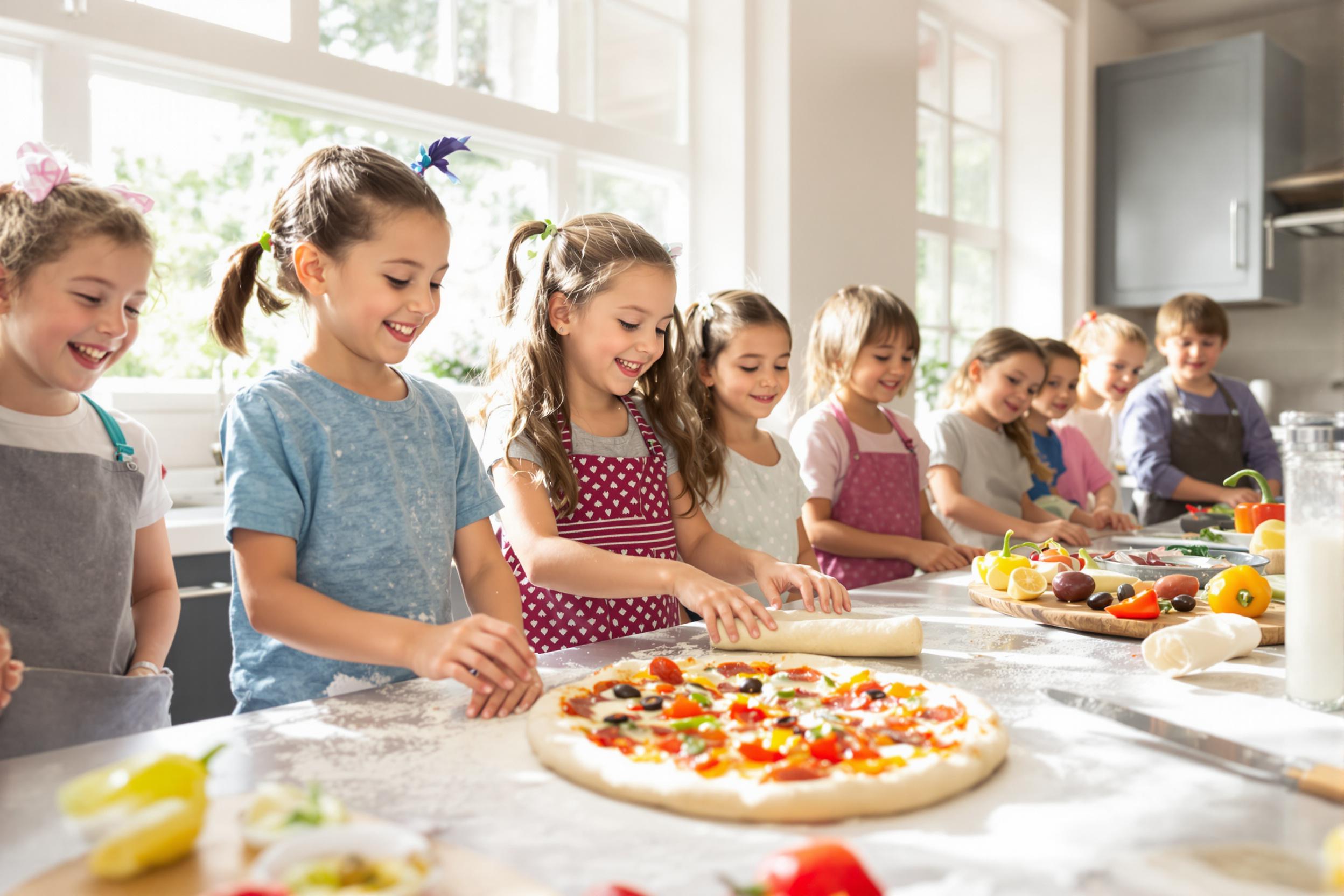 A group of enthusiastic children gathers in a bright kitchen, attentively participating in a cooking class focused on pizza making. Flour dusts the countertops, with vibrant toppings like bell peppers, olives, and pepperoni spread out before them. The children's expressions reveal excitement as they knead dough and arrange their favorite ingredients, while sunlight streams through large windows, creating a warm and inviting atmosphere.