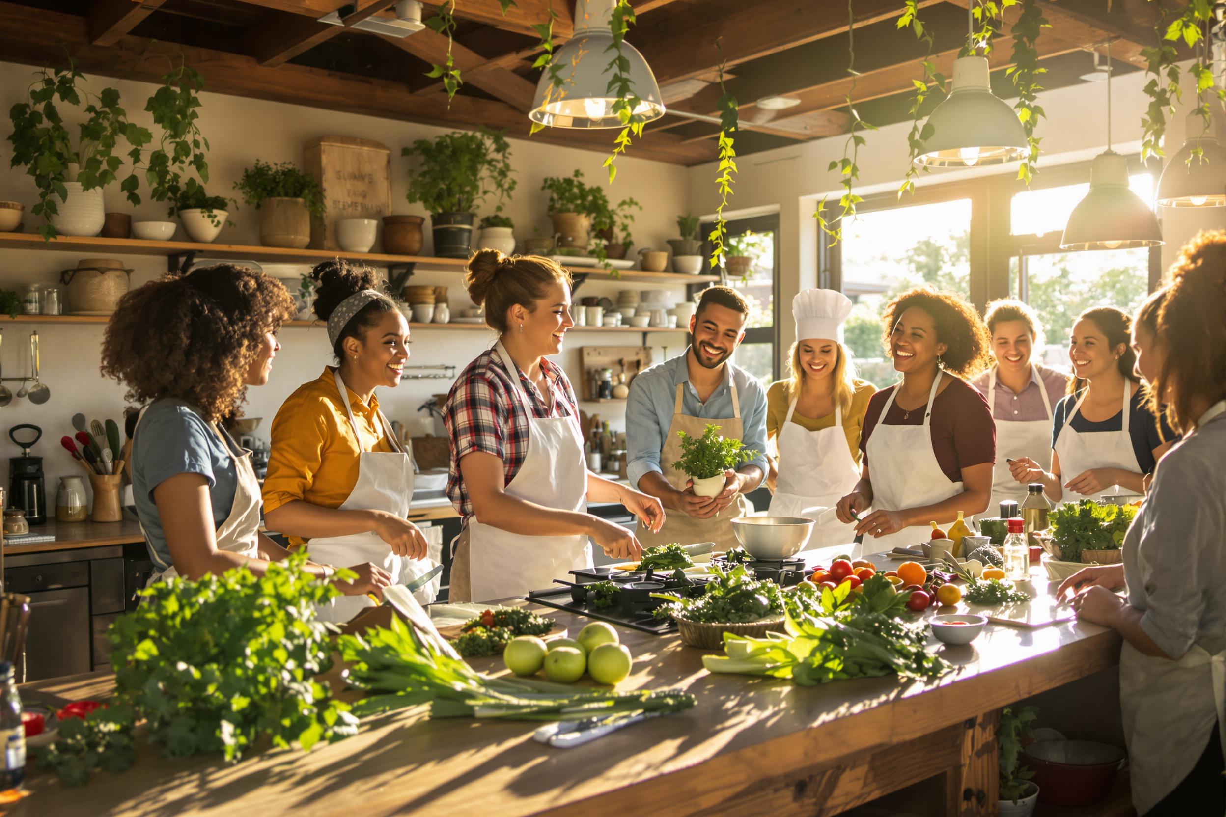 In an open-air kitchen bathed in warm late afternoon sunlight, a diverse group of friends enthusiastically participates in a cooking class. Laughter fills the air as they chop fresh vegetables and engage with an instructor surrounded by vibrant herbs and colorful ingredients. The setting features rustic wooden counters adorned with cooking utensils and bowls, enhancing the joyful learning ambiance.