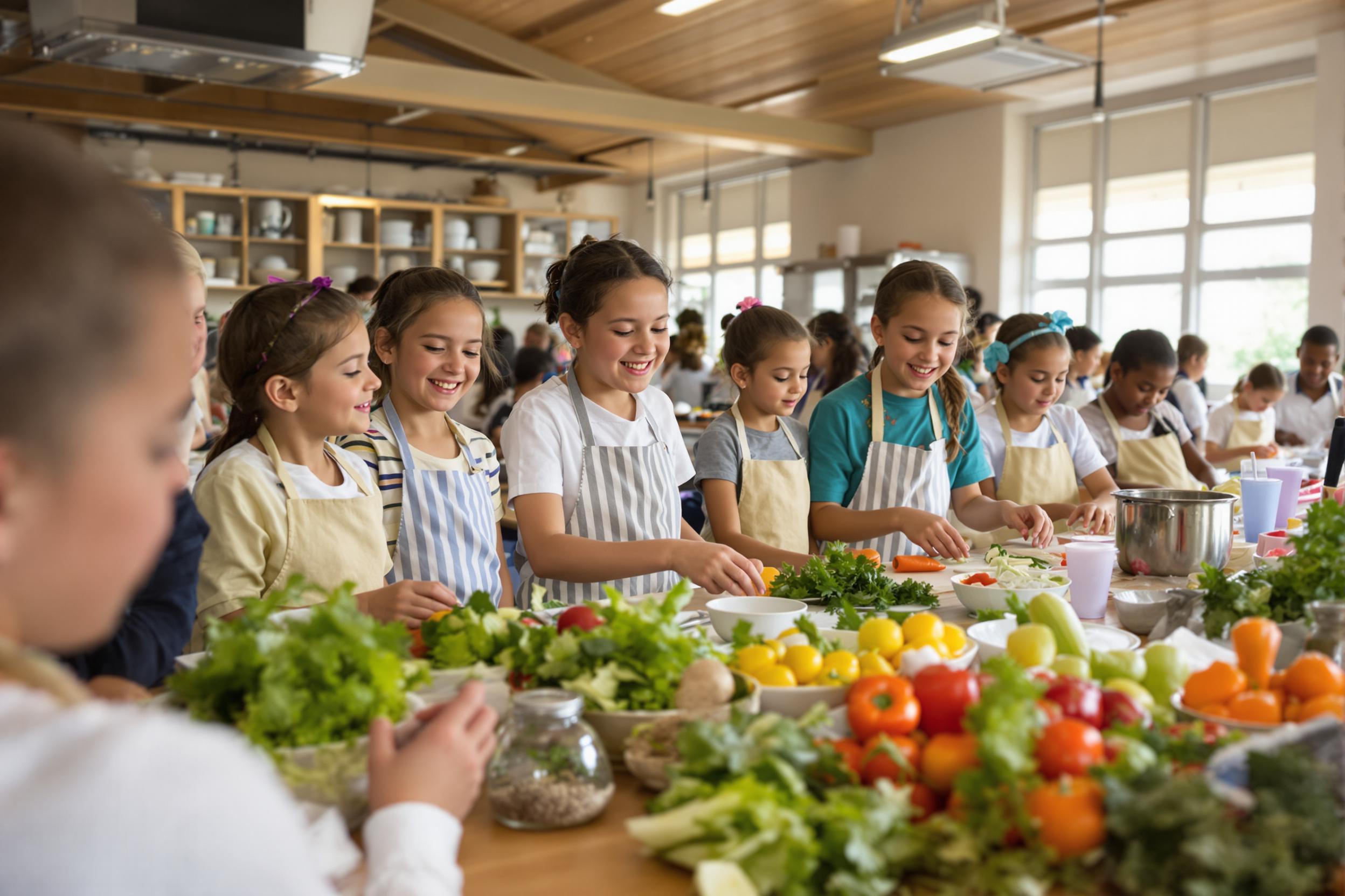 In a busy cooking classroom, children enthusiastically learn to prepare healthy meals. They gather around wooden tables filled with fresh ingredients like colorful vegetables and herbs. The room is bright, illuminated by natural light filtering through large windows, creating a cheerful learning atmosphere as laughter fills the air.