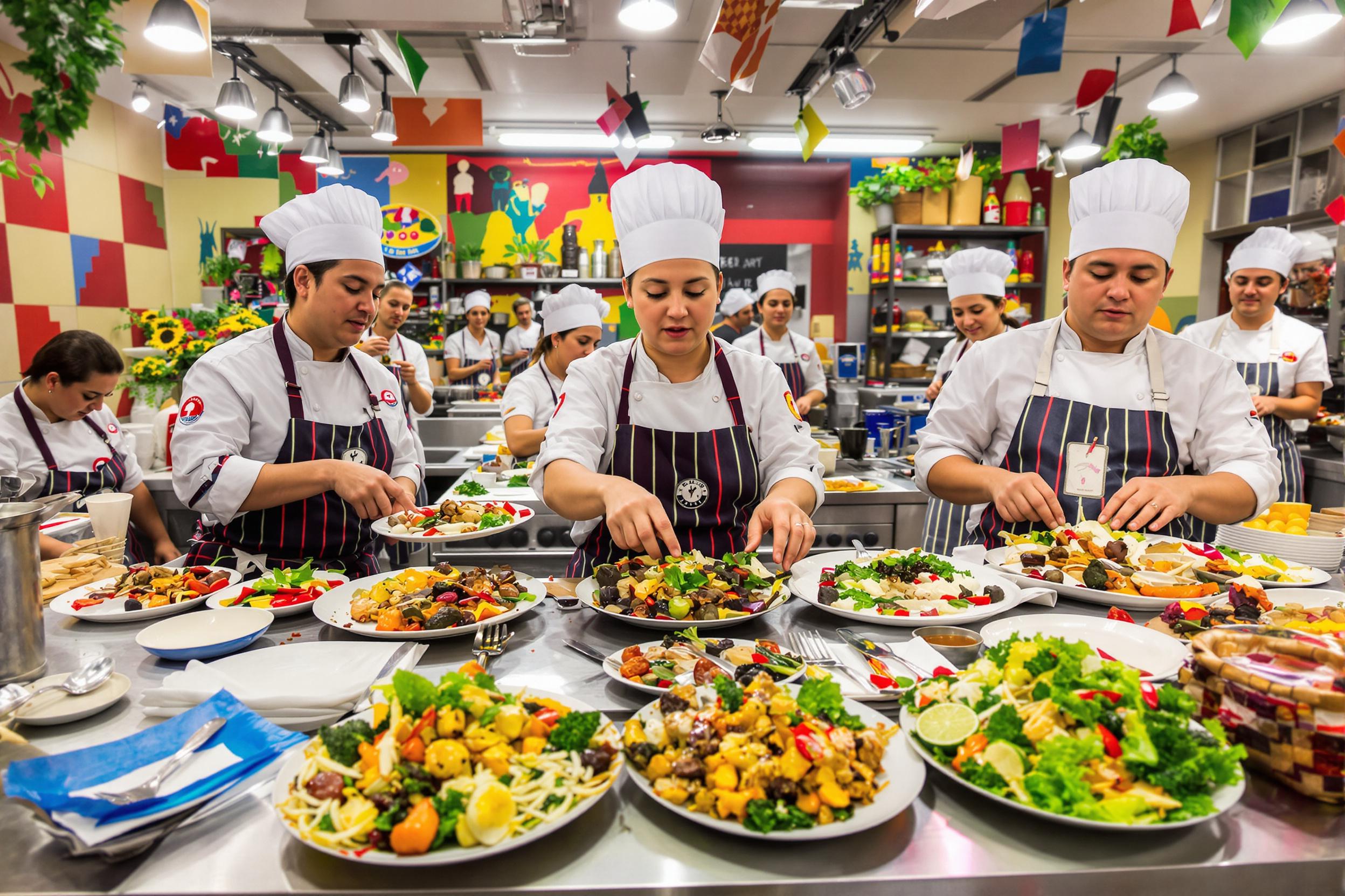 An exciting cooking contest unfolds in a colorful kitchen filled with fresh ingredients and utensil chaos. Amateur chefs race against the clock, their focused expressions illuminated by bright overhead lights. Platters of vibrant dishes take center stage, framed with scattered spices and cooking tools, as enthusiastic judges eagerly watch the creative hustle.