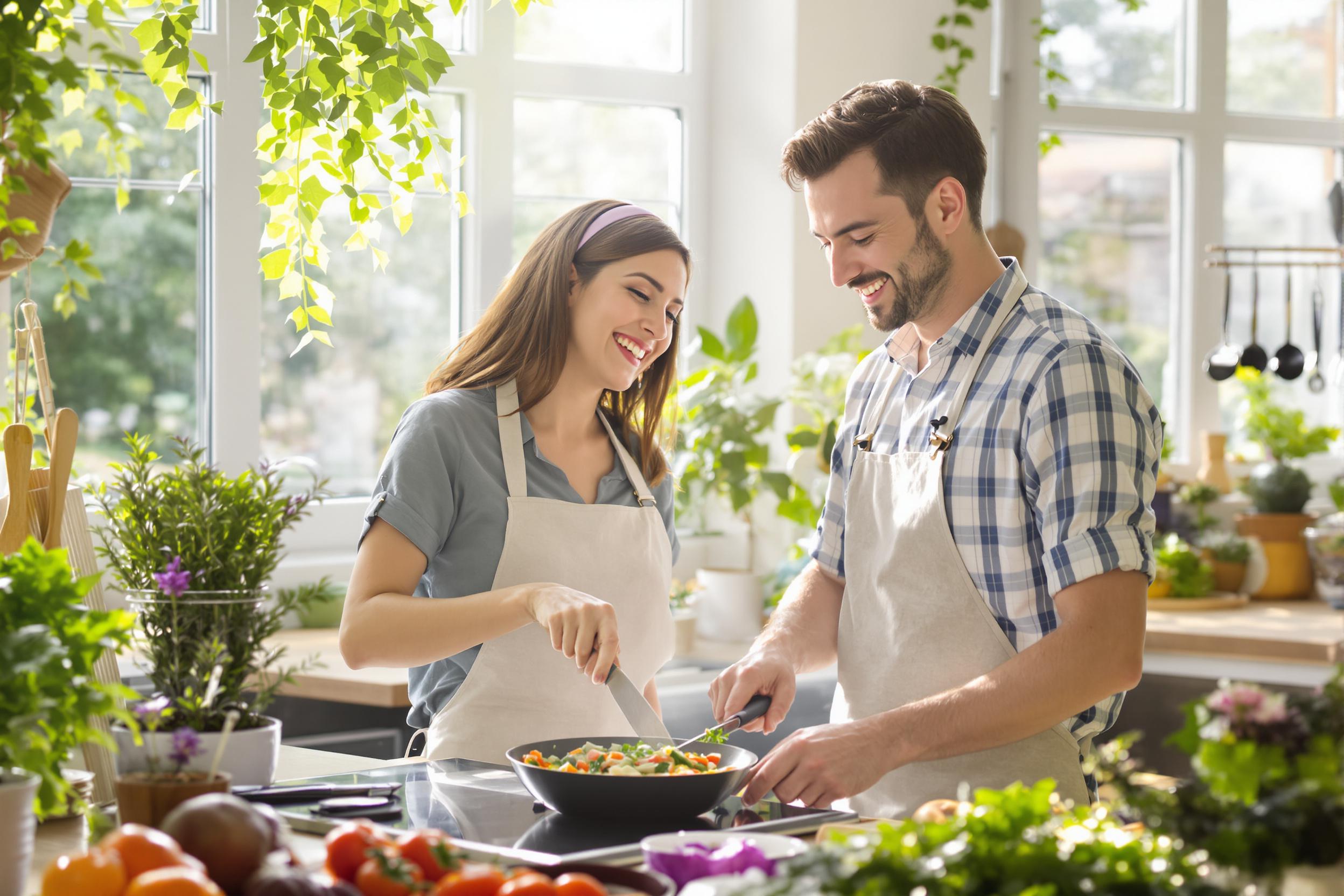 A young couple joyfully cooks together in a sunlit kitchen, surrounded by fresh ingredients. The woman stirs a colorful vegetable mix in a frying pan while the man chops herbs at a nearby counter. Natural light floods the space through large windows, illuminating their smiling faces and creating a warm, inviting atmosphere. The charming decor of the kitchen adds to the homely feel, with potted plants and hanging utensils visible.