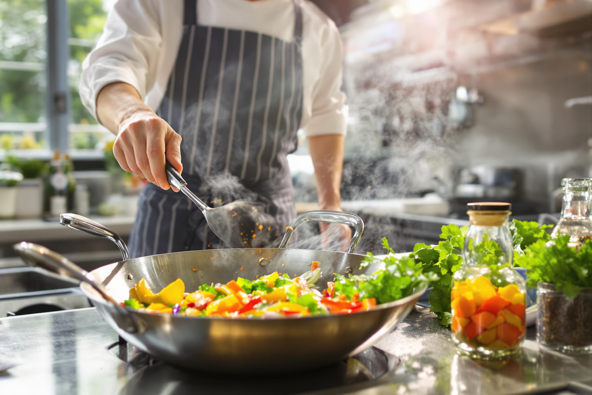 A skilled chef stands in a well-equipped, modern kitchen, expertly sautéing colorful vegetables in a gleaming stainless steel wok. Bright sunlight cascades through a nearby window, illuminating fresh herbs and spices arranged artistically on the counter. The vibrant colors of the ingredients pop against the sleek backdrop, creating an energizing culinary atmosphere.