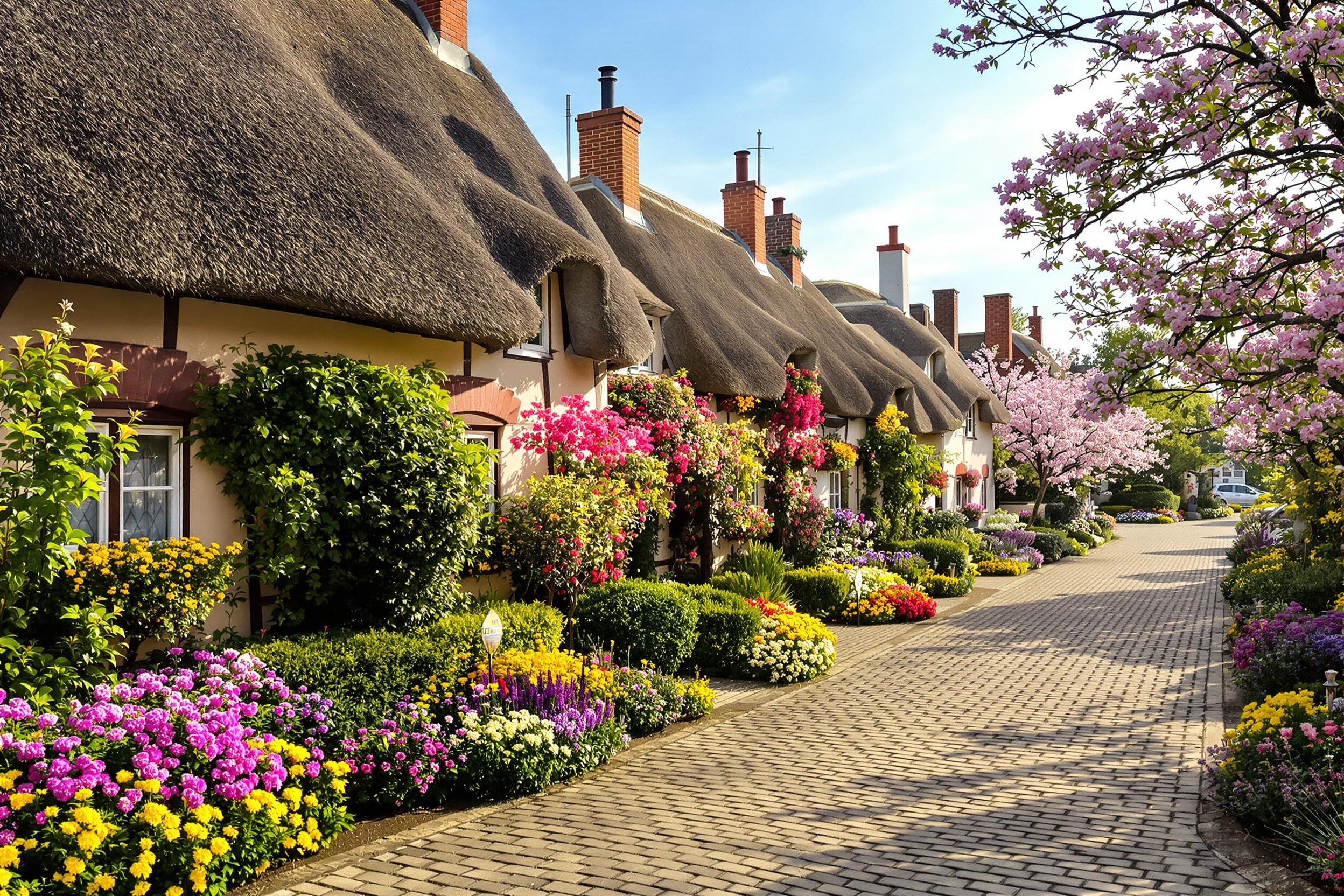 A charming countryside village awakens in early morning light. A cobblestone path is bordered by colorful flower beds in full bloom, featuring hues of yellow, pink, and purple. Quaint cottages with thatched roofs line the street, their windows framed with blossoming plants. The soft sunlight casts gentle shadows, enhancing the idyllic beauty of this tranquil spring scene.