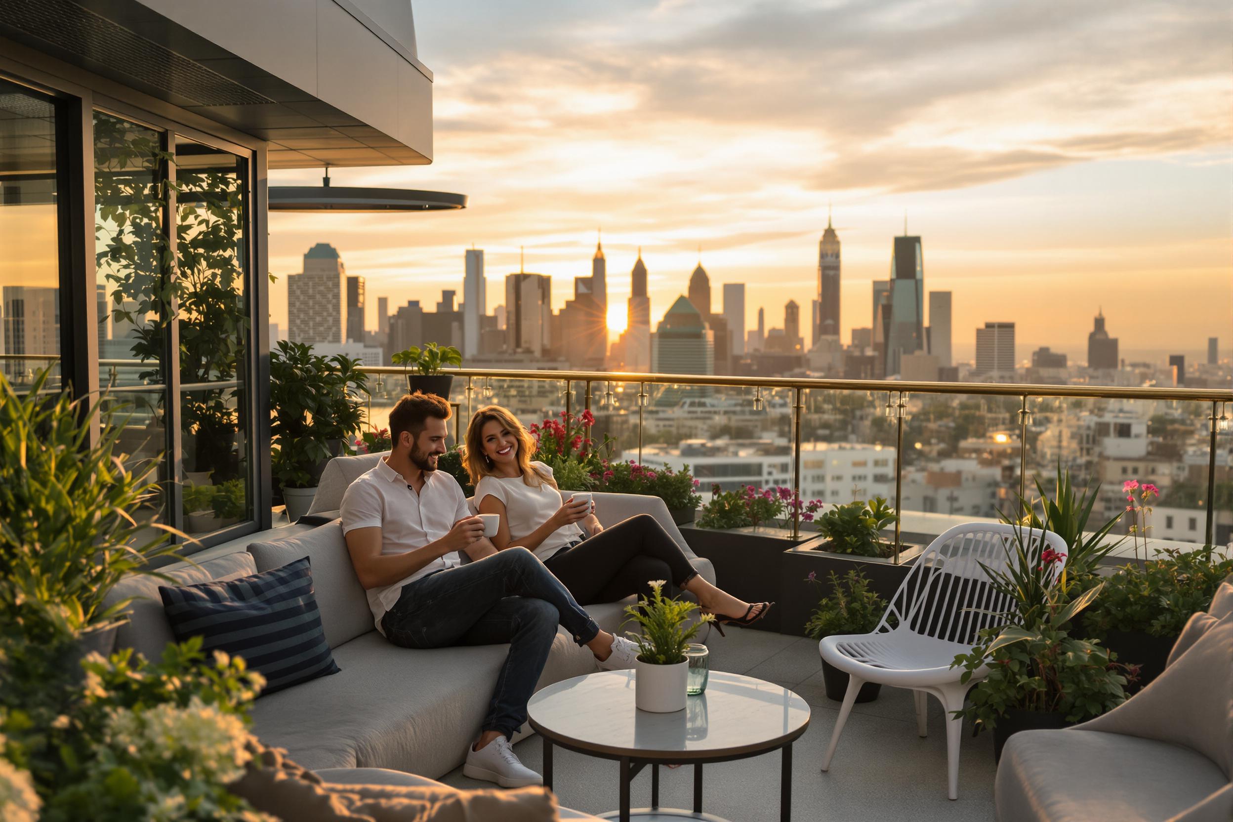 A stylish couple relaxes at a rooftop café, sipping coffee as they enjoy panoramic views of the urban skyline. The golden hour casts a warm glow over the scene, enhancing the couple's joyful expressions. Modern furniture, adorned with vibrant city plants, surrounds them, creating an inviting atmosphere that perfectly blends urban sophistication and leisure.