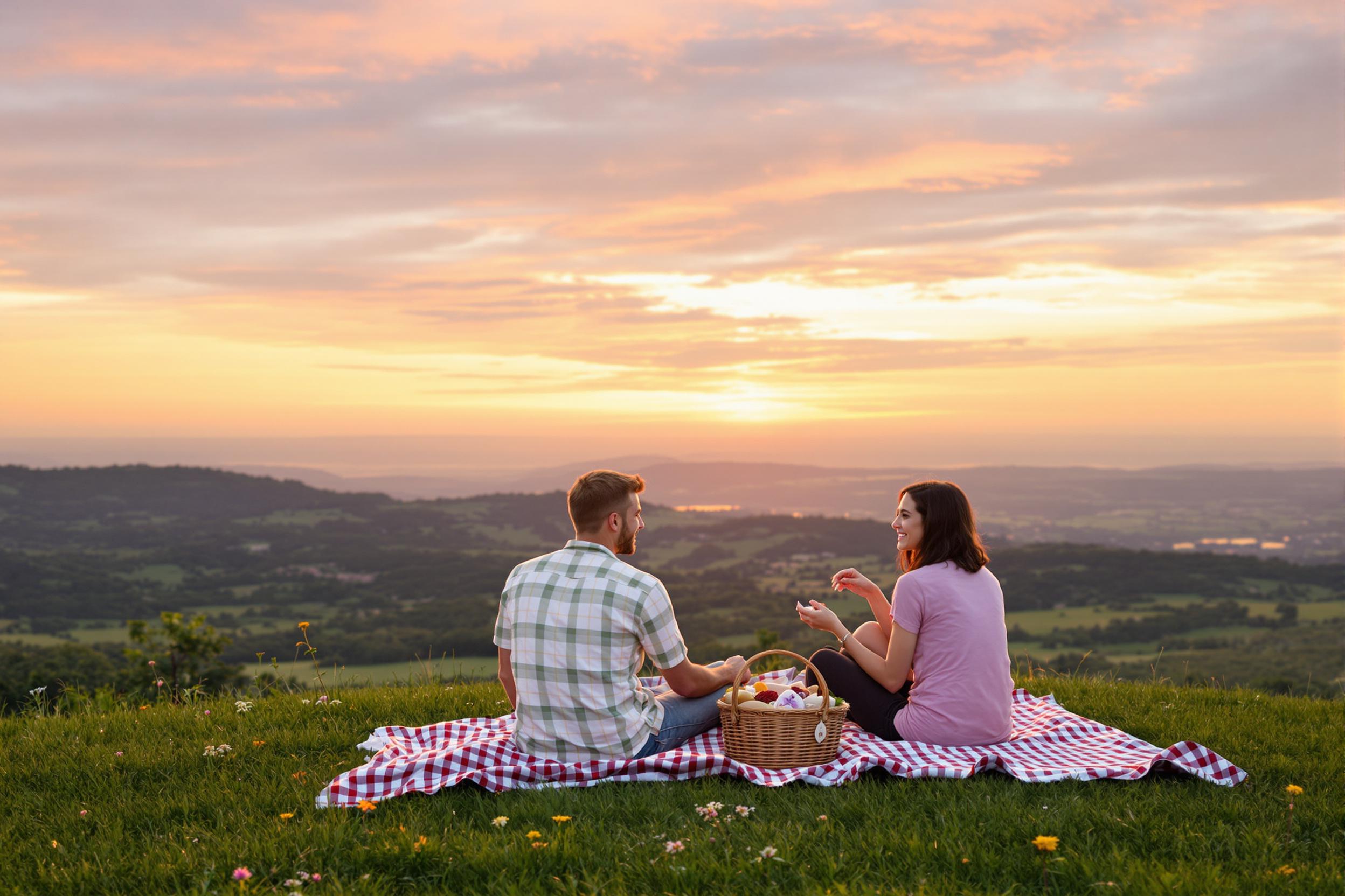 A young couple sits on a checkered blanket spread on a grassy hilltop, enjoying a serene sunset picnic. Their laughter mingles with the gentle breeze as they share food from a wicker basket. The sky is ablaze with hues of orange, pink, and purple, casting a warm glow over the lush valley below, while a few scattered wildflowers add vibrant colors to the foreground.