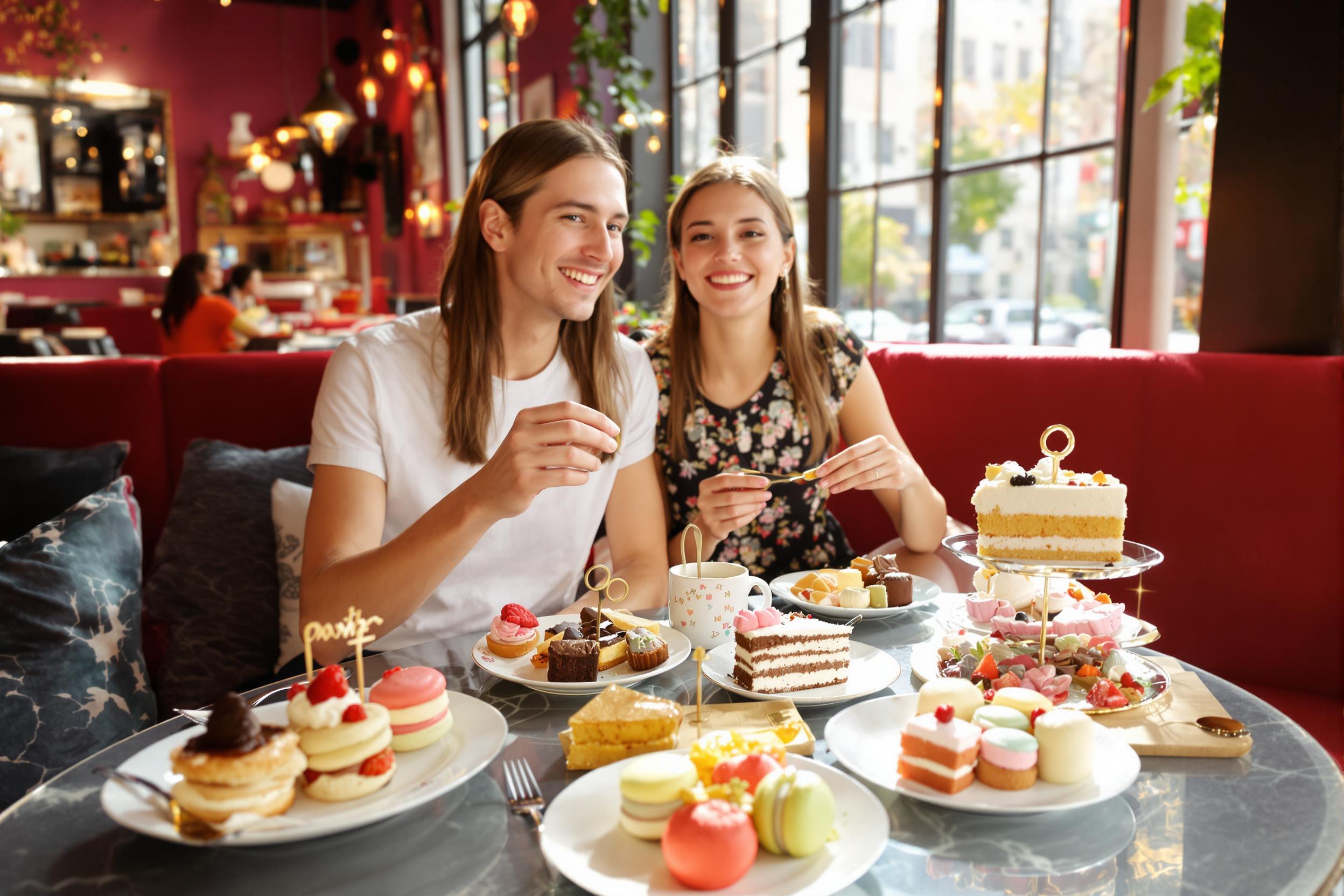 A young couple sits at a stylish café table, indulging in an assortment of delectable desserts. Plates are colorful, filled with exquisite pastries, macarons, and layered cakes. Sunlight streams through large windows, adding warmth to the vibrant interior. The couple shares smiles, enjoying their sweets in the cozy, modern atmosphere.