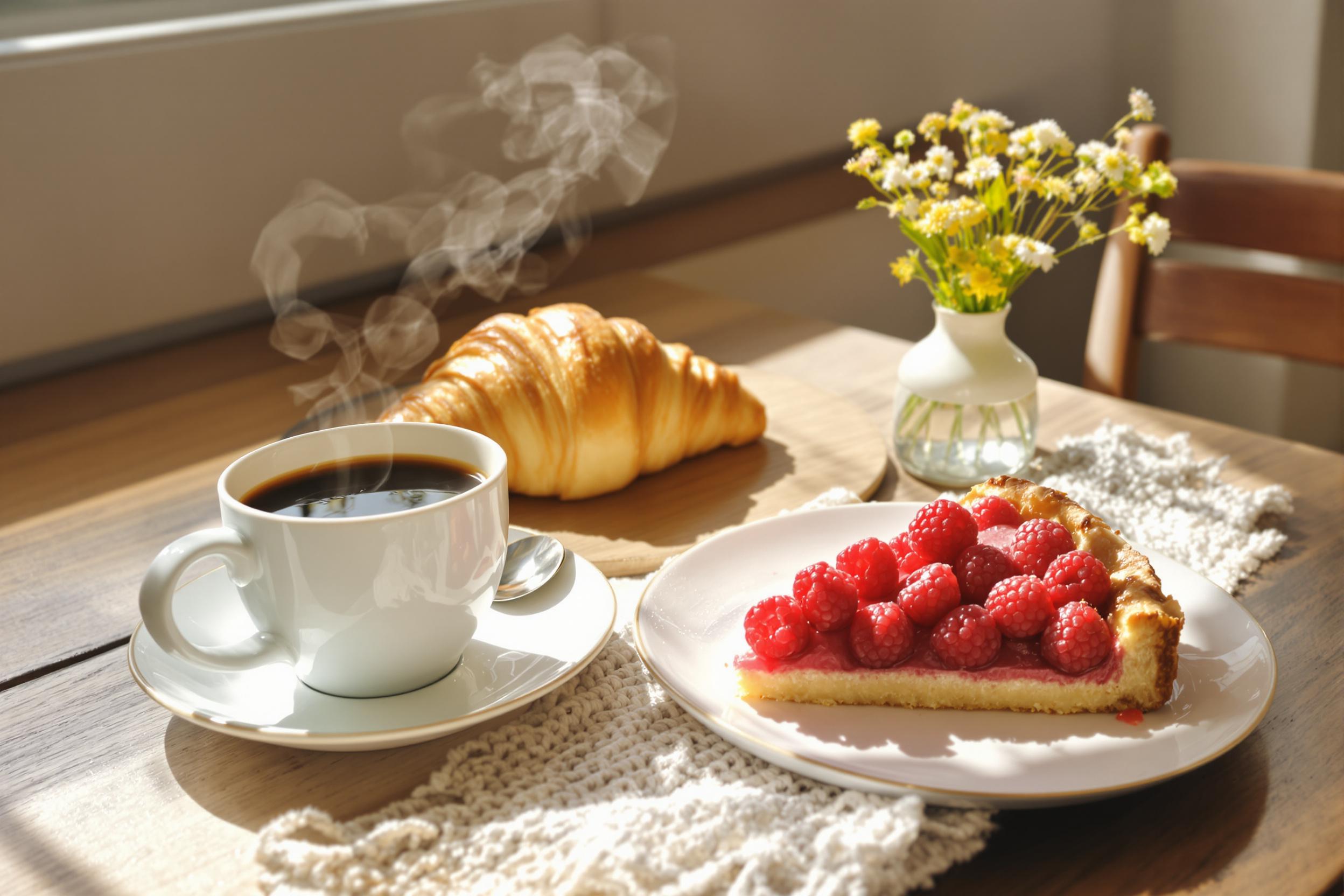 A cozy breakfast scene unfolds on a sunlit kitchen table. A steaming cup of coffee sits next to a golden croissant and a slice of raspberry tart, showcasing fresh fruit garnishing. The rustic wooden table adds warmth, while natural light creates soft shadows highlighting the textures of the food. A small vase with wildflowers enhances the inviting atmosphere.