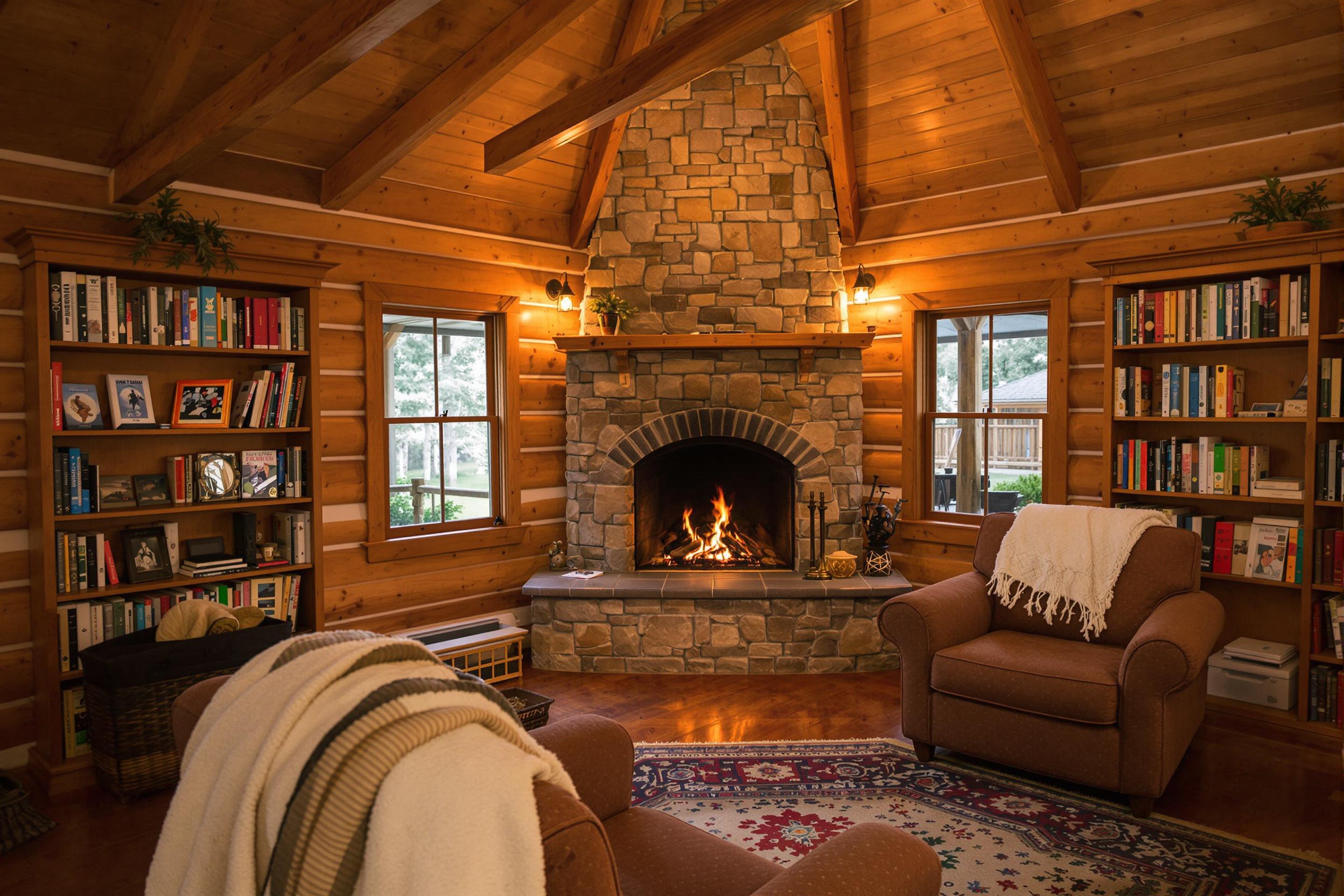 Inside a rustic log cabin, a glowing fireplace casts a warm light across the inviting space. Comfortable armchairs are placed nearby, draped with soft blankets. The wooden walls and shelves filled with books enhance the cozy ambiance, while the smell of pine and firewood fills the air.