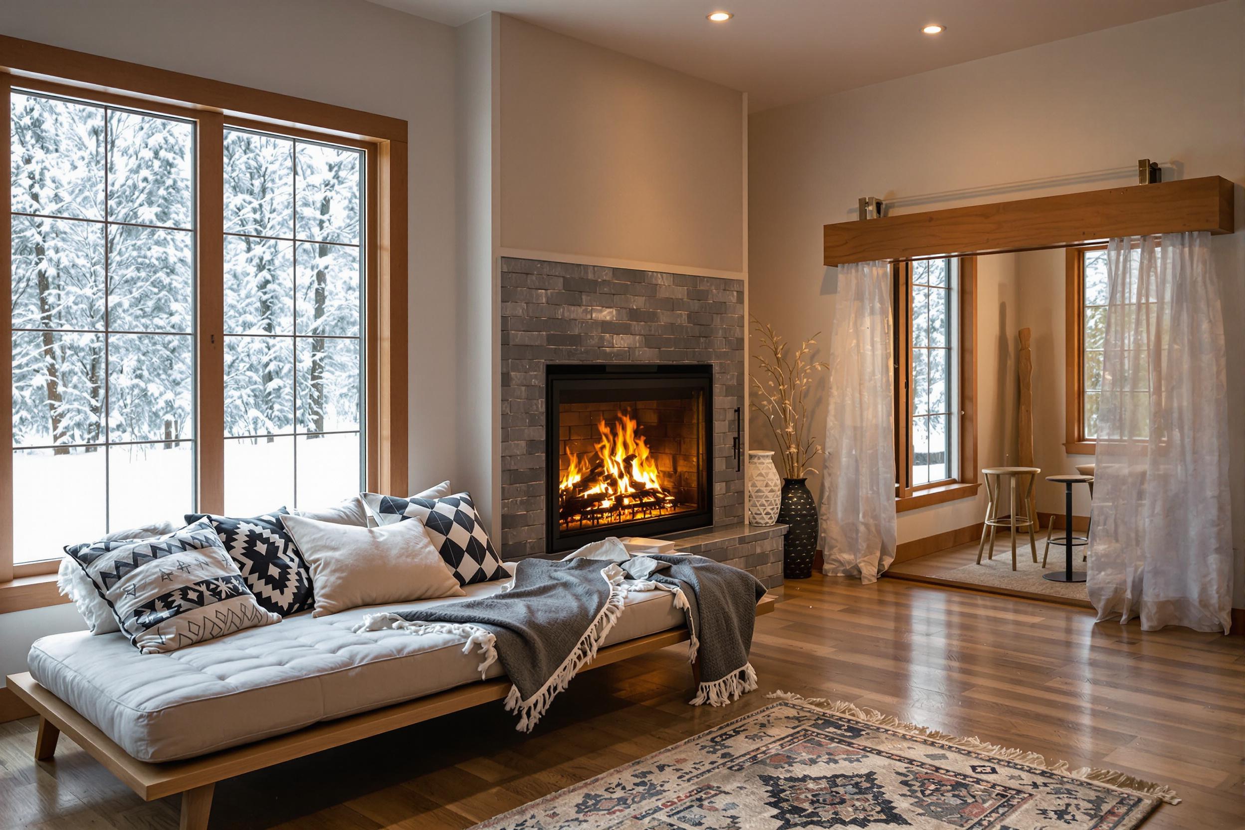 A cozy living room invites warmth on a winter afternoon, where a roaring fireplace casts a soft glow. Plush blankets and decorative pillows adorn a low sofa positioned near the hearth. Snow gently falls outside large windows, illuminating the room with a serene ambiance. Flickering flames dance, reflecting off polished wooden surfaces, creating an inviting atmosphere.