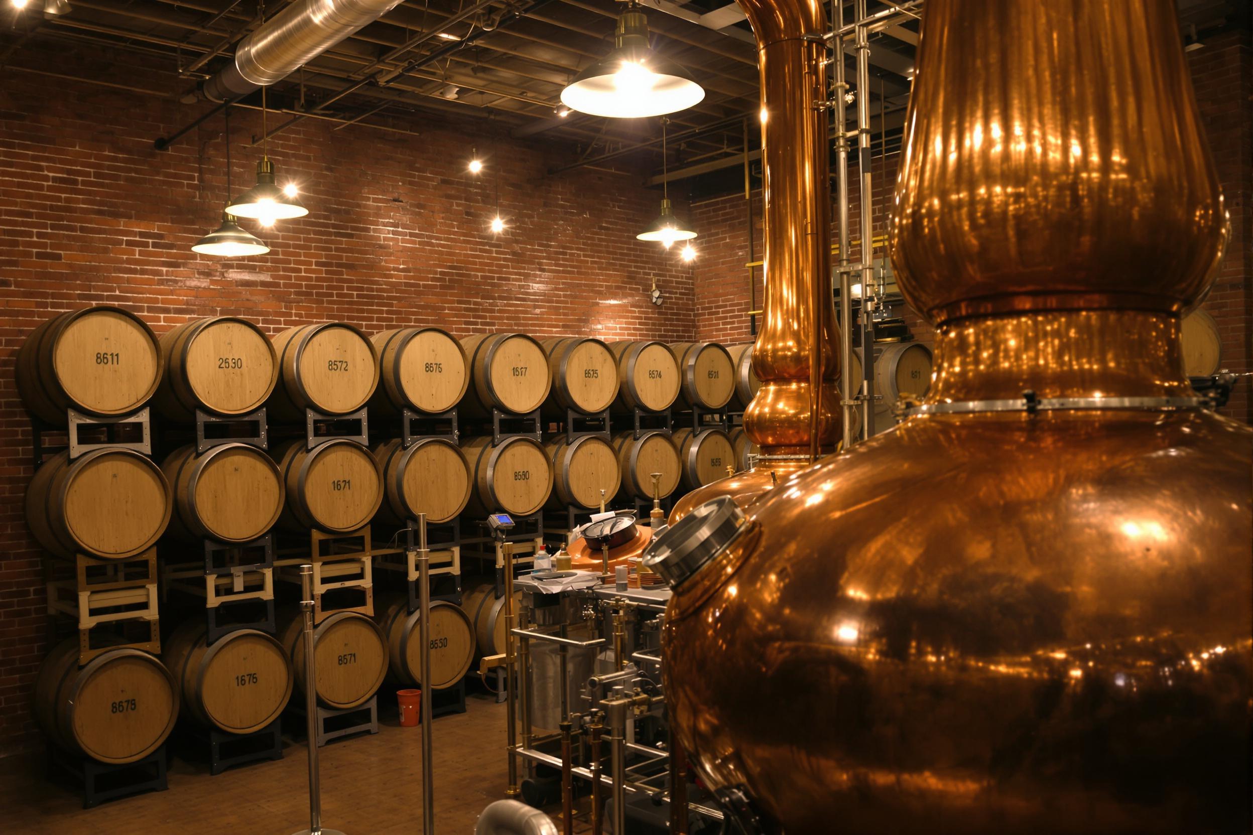 Inside a craft distillery, rows of wooden barrels line the back wall, while polished copper alembics shine warmly in the foreground under ambient hanging lights. Exposed brick walls add a rustic touch. Shadows fall softly across the space, highlighting both aged wood textures and gleaming metal details, merging functionality with artisanal elegance.