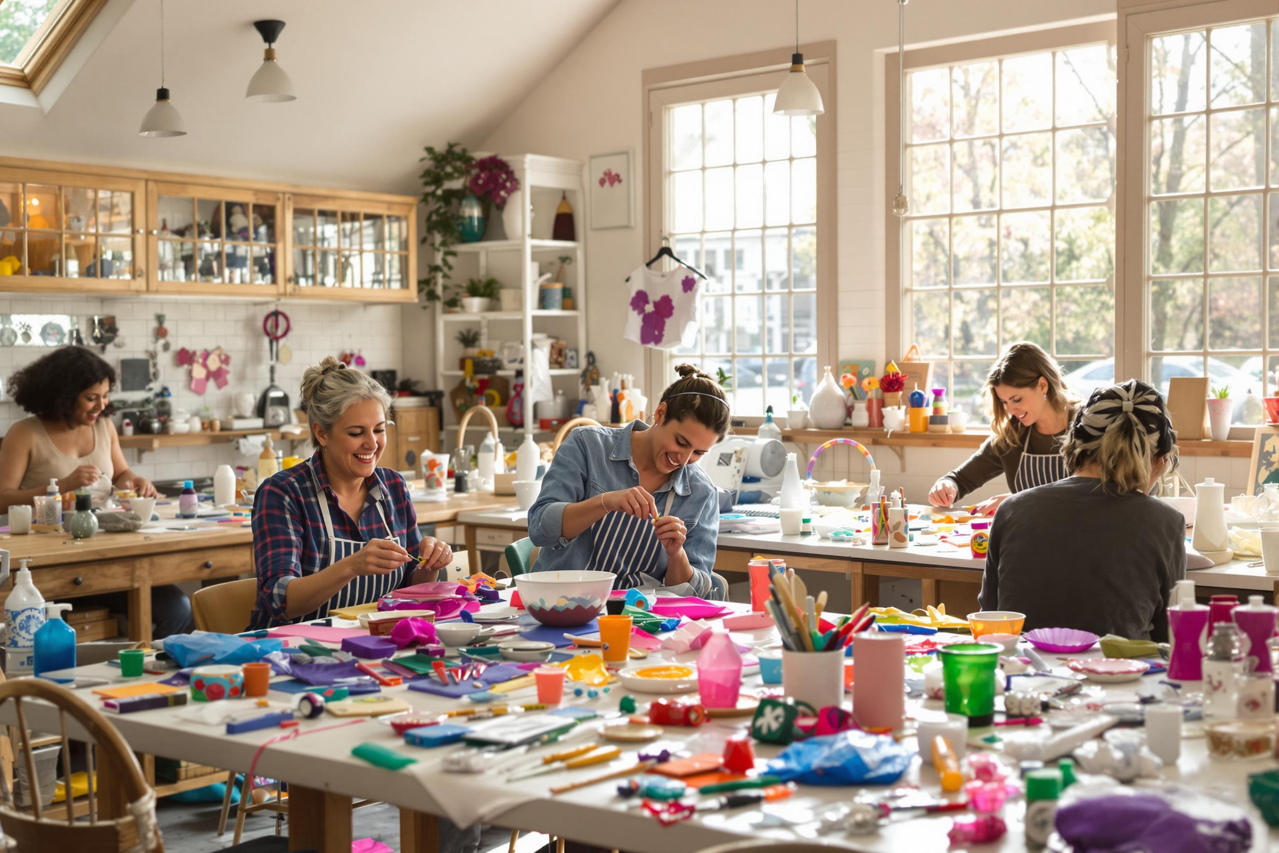 Inside a cozy craft workshop, individuals are immersed in creativity, shaping colorful materials into unique handmade items. Sunlight pours through large windows, casting a warm glow over the tables strewn with tools and partially completed projects. Lively conversations and laughter fill the air as participants share ideas and techniques, contributing to an inviting atmosphere.