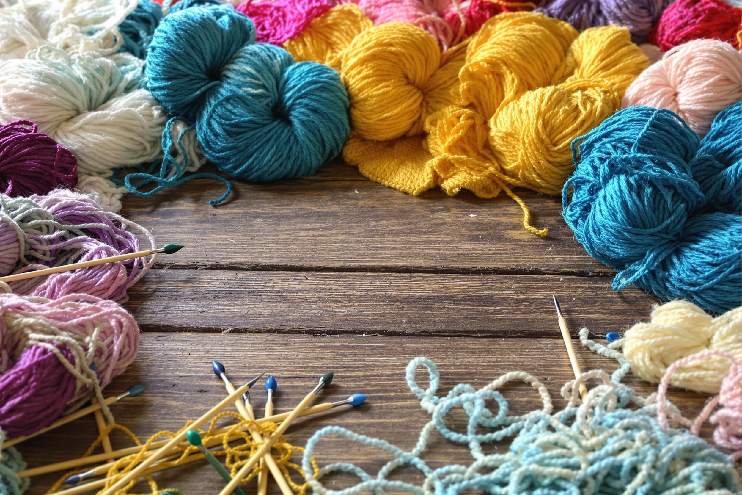 A vibrant crafting workspace reveals an array of colorful yarns spread out across a rustic wooden table. Knitting needles in various sizes lie scattered amid the rich textures of the fibers. The dynamic hues—deep blues, bright yellows, and soft pastels—create an inviting palette, enhanced by the gentle glow of soft ambient light streaming through a nearby window.