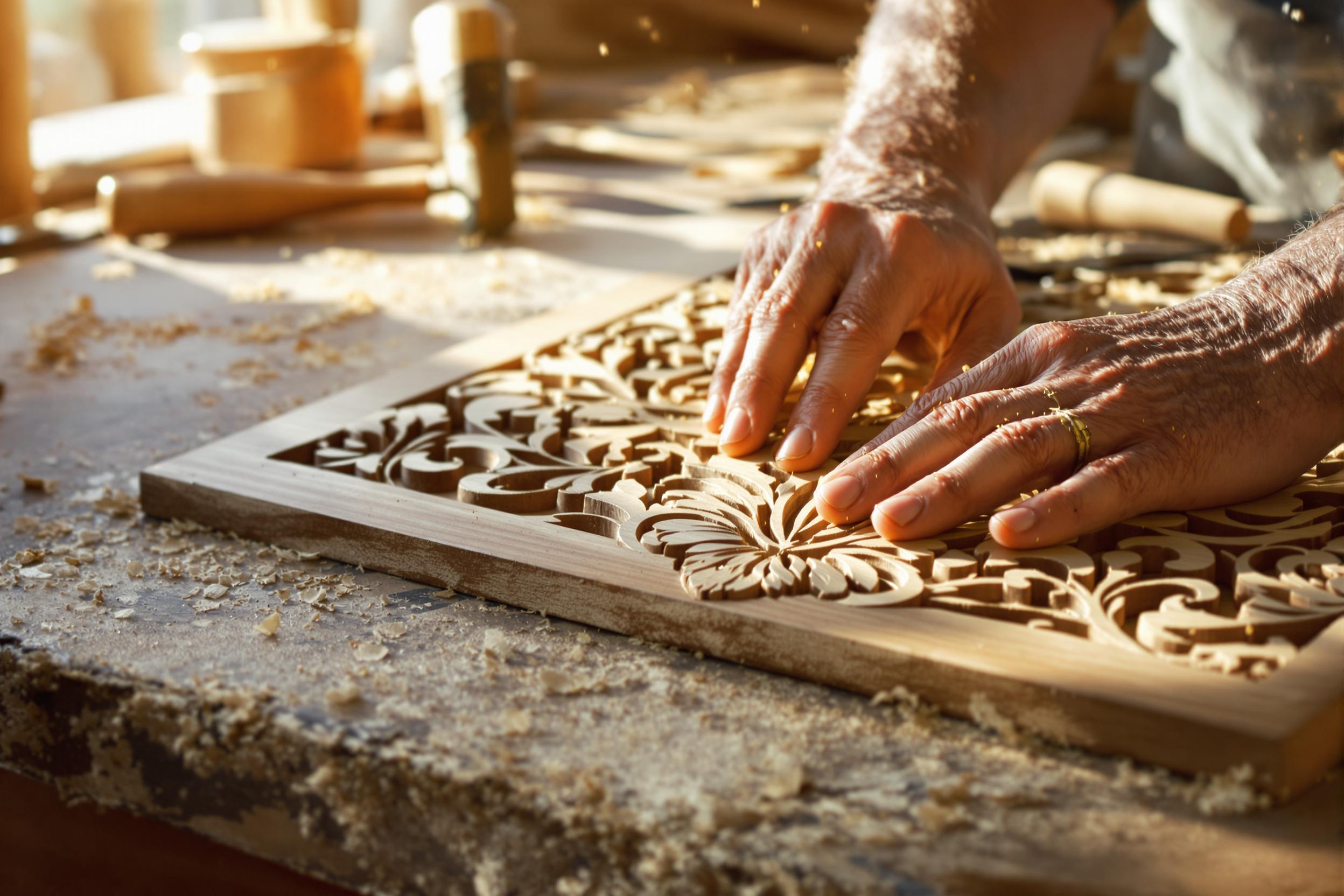 A close-up shot capturing a craftsman’s weathered hands delicately carving floral patterns into a wooden panel inside a sunlit workshop. Fine wood shavings curl onto the table, while traditional chisels and mallets scatter across the surface. Natural light streams in, highlighting the warm, earthy tones of wood grain and golden dust particles suspended in the air.