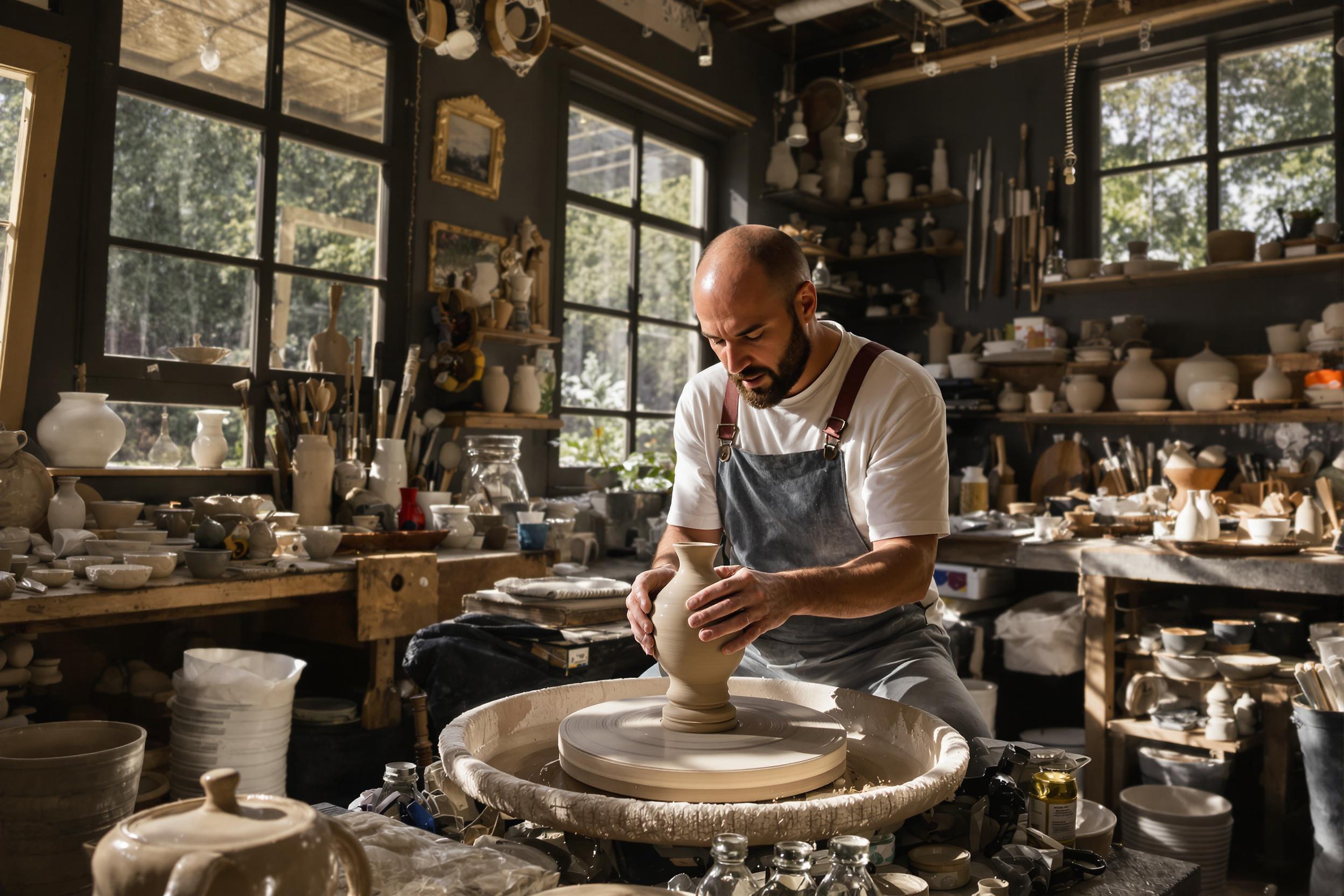 A dedicated craftsman shapes a lump of raw clay on a potter's wheel in a cozy workshop. Sunlight streams through large windows, softly illuminating his skilled hands as they mold the clay into a delicate vase. Surrounding him are shelves lined with completed works and an assortment of pottery tools, revealing the artistry within this creative space.