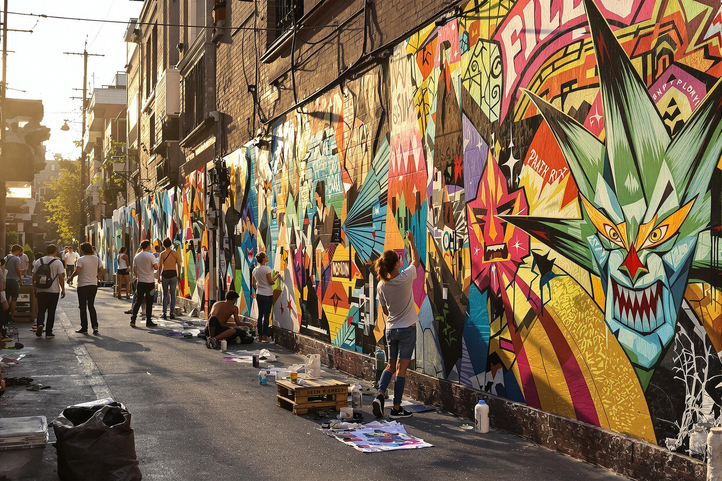 A vibrant urban alleyway is alive with young artists passionately painting large-scale murals. The afternoon sun bathes the scene in warm, golden light, highlighting bold colors and intricate designs. Brushes and spray cans are scattered around, while completed artworks showcase a fusion of creativity.