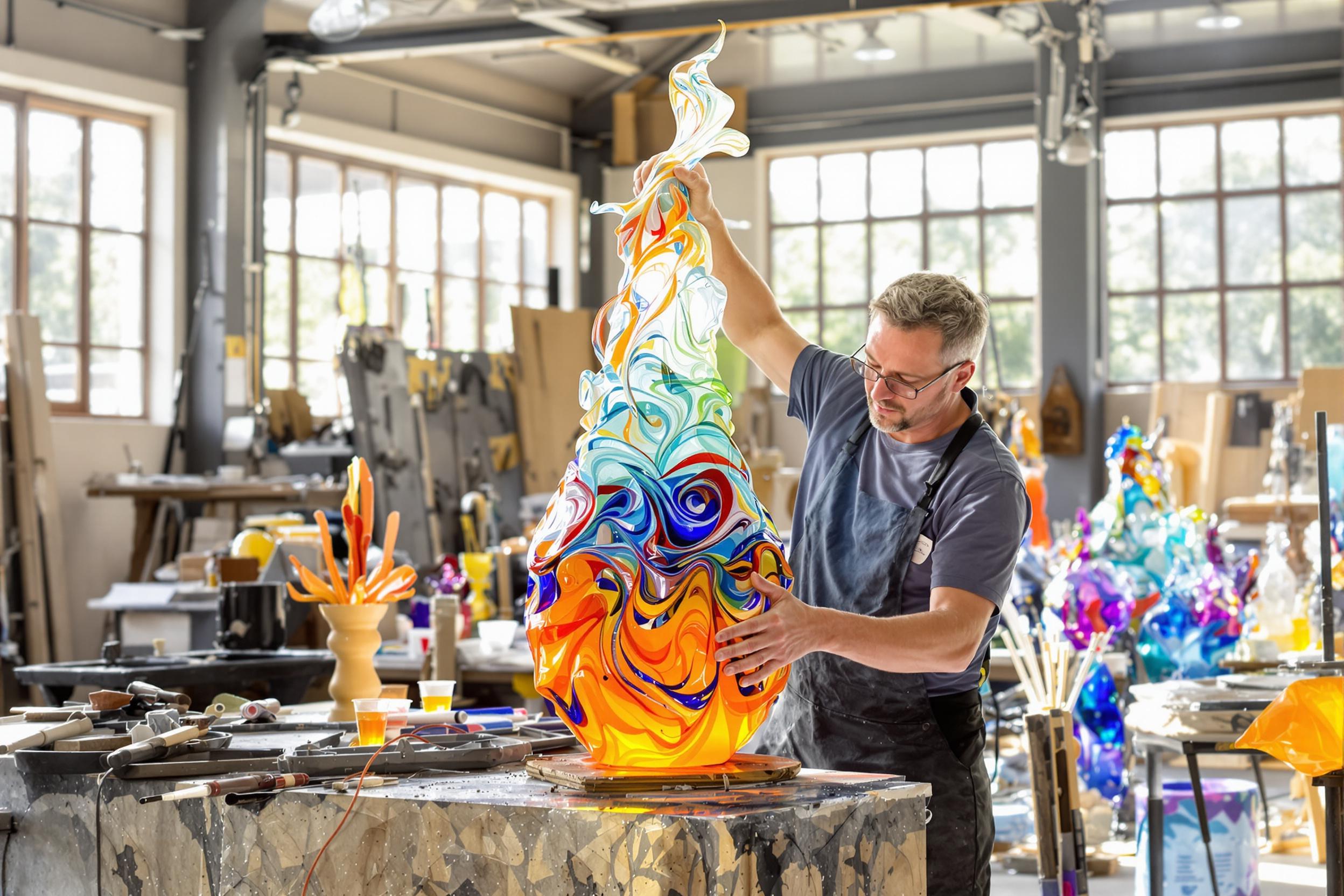 An artisan carefully shapes a molten glass sculpture in a sunlit workshop. The vibrant colors of the glass swirl as their skilled hands manipulate the material, creating intricate patterns. Surrounding them are various tools and partially finished pieces, with bright natural light filtering through large windows, illuminating the workspace in warmth and creativity.