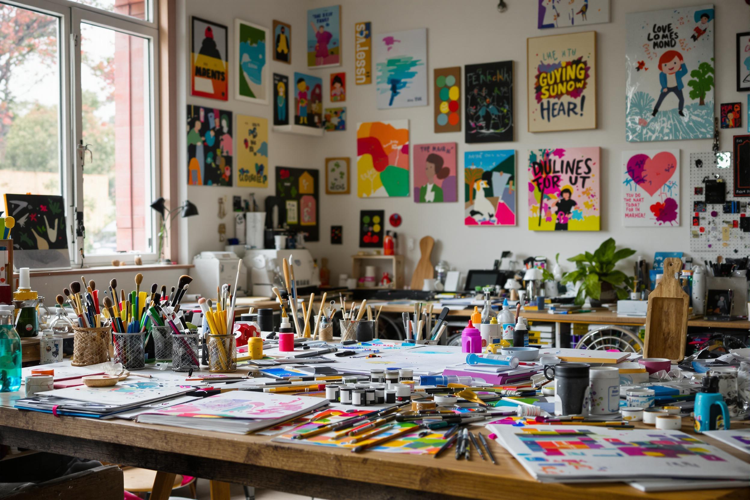 A vibrant creative workspace bursts with artistic supplies, illuminated by soft natural light streaming through a window. Brushes, paints, and sketchbooks are scattered across a wooden table, while colorful paint splatters hint at recent projects. Inspirational artwork decorates the walls, creating a dynamic and inviting atmosphere for creativity.