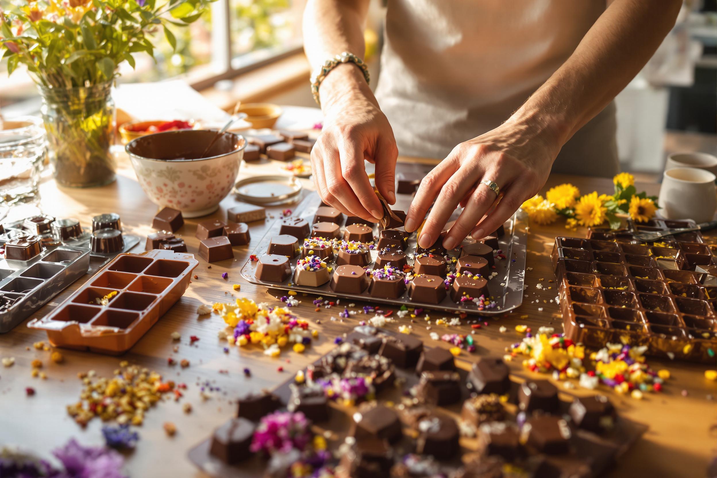 A gourmet chocolate-making workshop unfolds in a cozy kitchen, illuminated by warm afternoon light. A variety of chocolate molds and delectable toppings are arranged neatly on a wooden countertop. Hands delicately temper dark chocolate, while colorful sprinkles and edible flowers await incorporation into treats. The scene captures a creative culinary process filled with enticing textures and rich aromas.