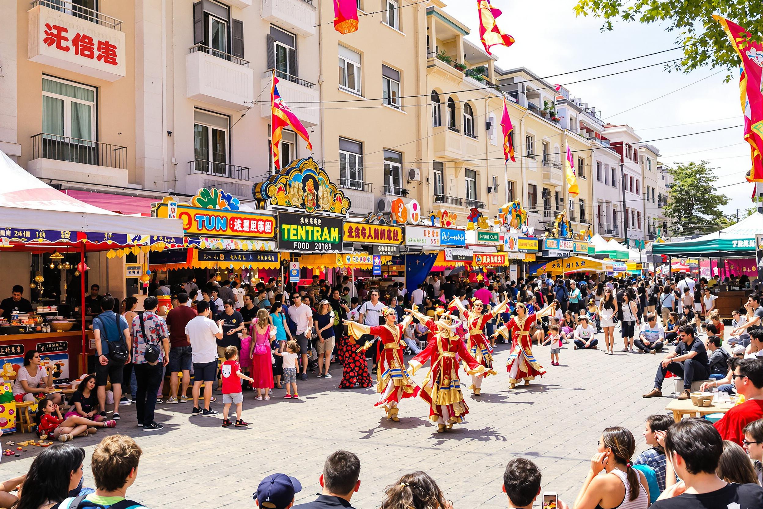 A bustling cultural festival fills the outdoor space with energy. Colorful food stalls line the pathways, enticing visitors with diverse cuisines. In the foreground, dancers in traditional garb perform, their movements graceful and dynamic. Attendees watch eagerly, engaging with the festive ambiance under the bright midday sun.