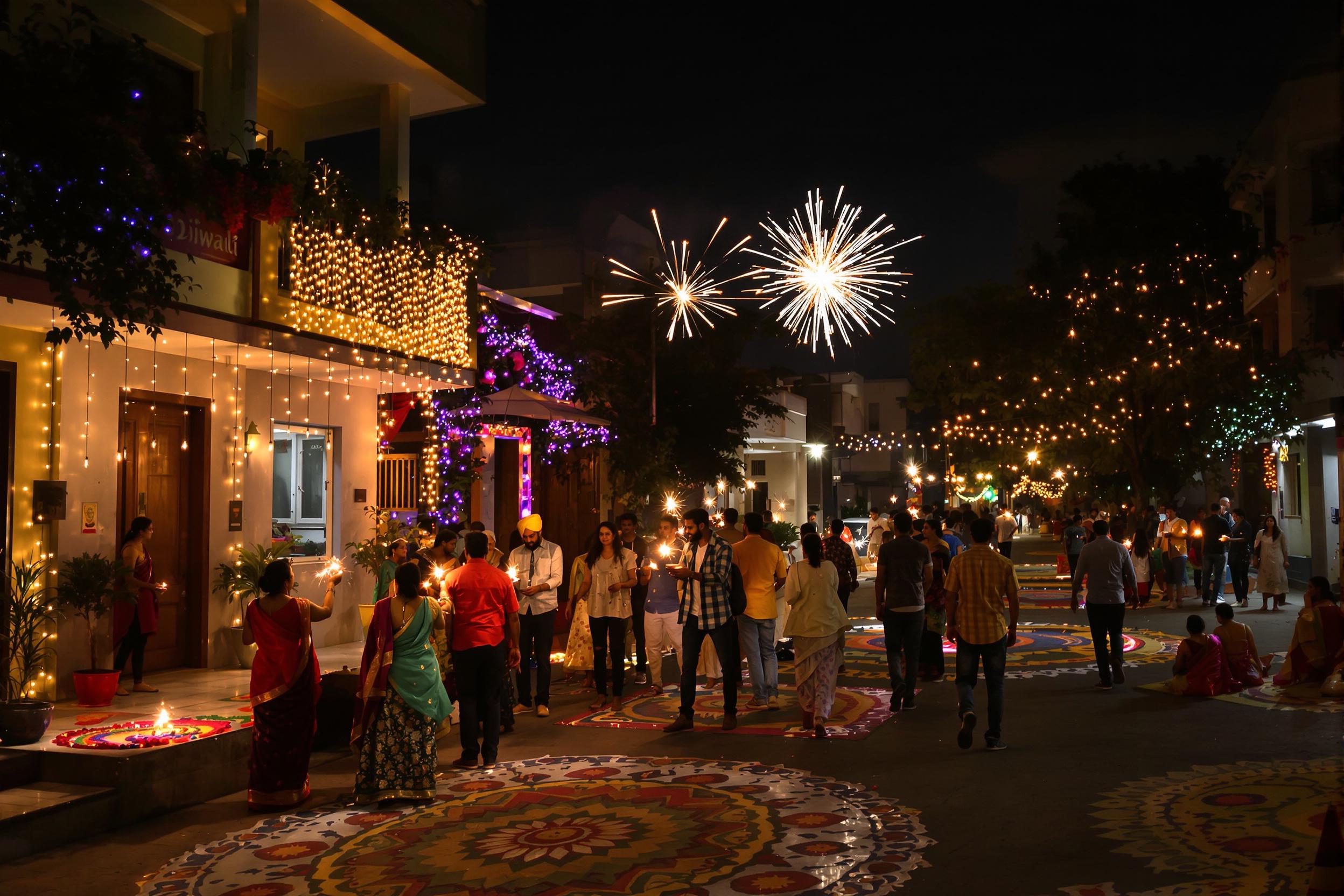 Colorful Diwali festival scene in an Indian street. Joyful people in traditional attire light diyas and sparklers. Homes adorned with rangoli patterns and string lights. Night sky illuminated by fireworks, capturing the essence of the Festival of Lights.